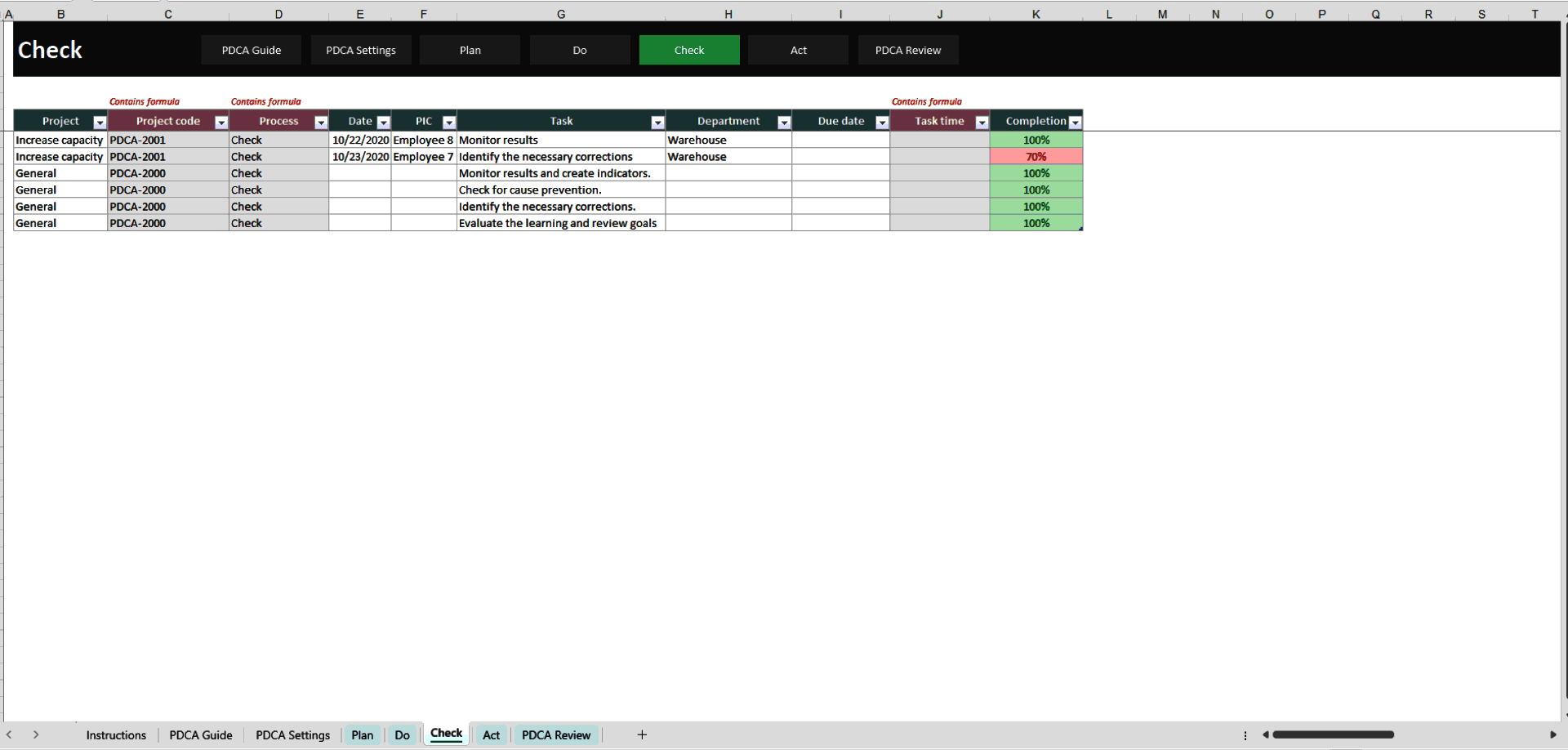 PDCA (Plan-Do-Check-Act) Excel Template (Excel template (XLSX)) Preview Image