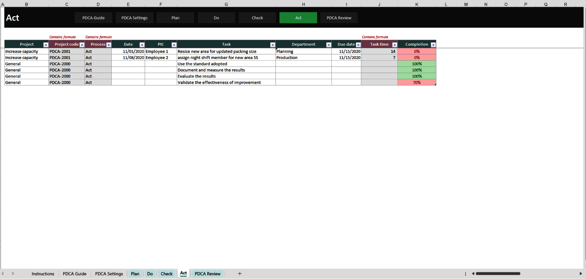 PDCA (Plan-Do-Check-Act) Excel Template (Excel template (XLSX)) Preview Image