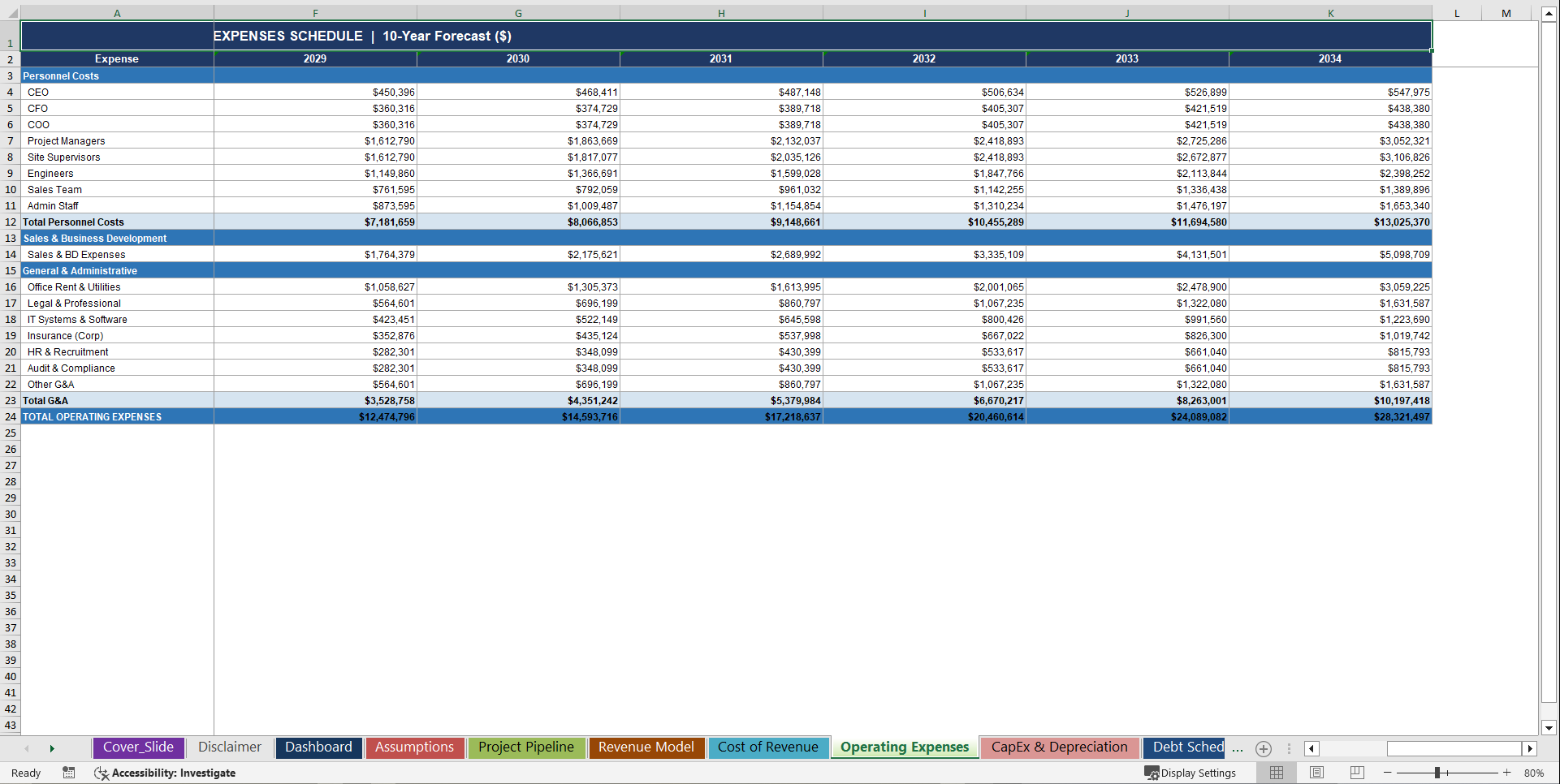 Construction Company 10-Year 3 Statement Financial Model (Excel template (XLSX)) Preview Image