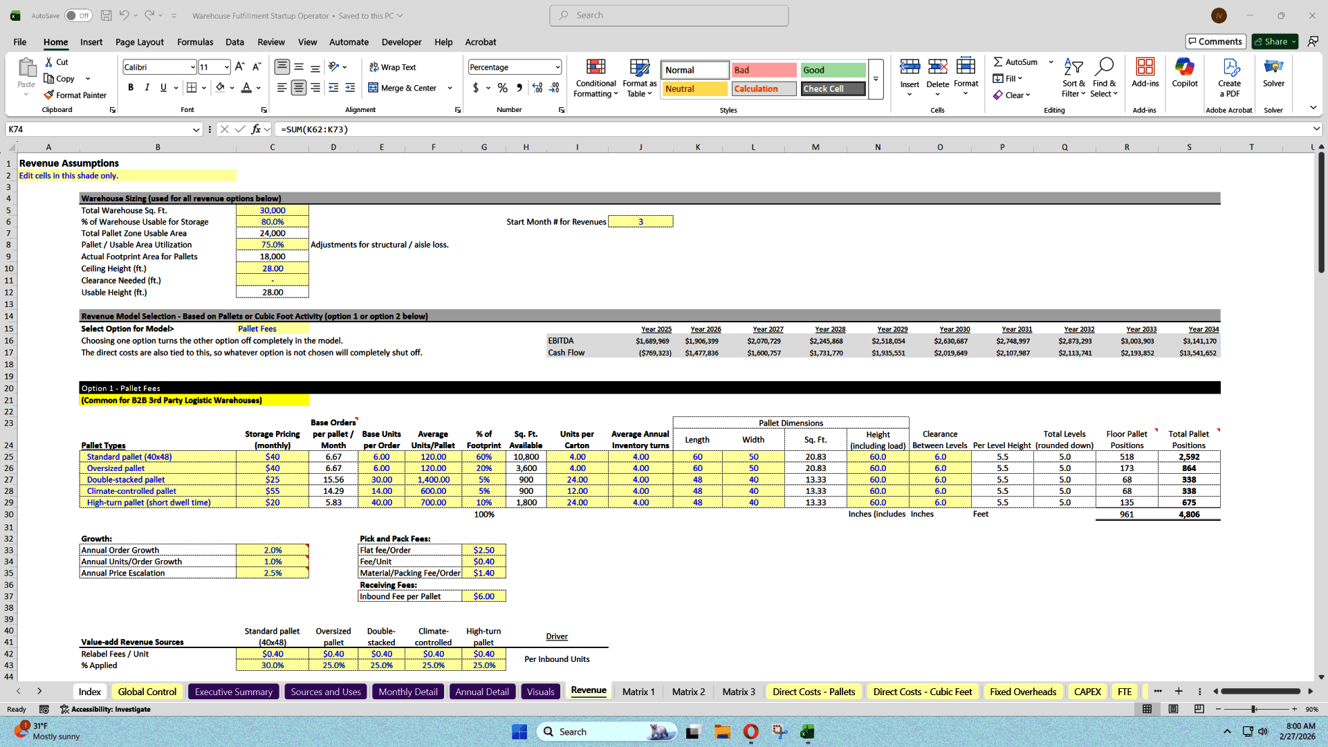 Warehouse Fulfillment Center - Unit Economics Modeling (Excel template (XLSX)) Preview Image
