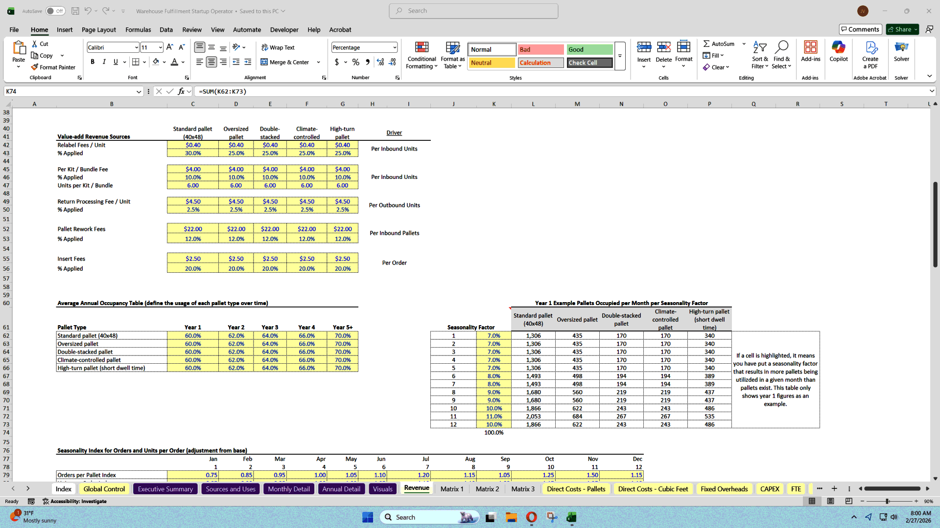 Warehouse Fulfillment Center - Unit Economics Modeling (Excel template (XLSX)) Preview Image