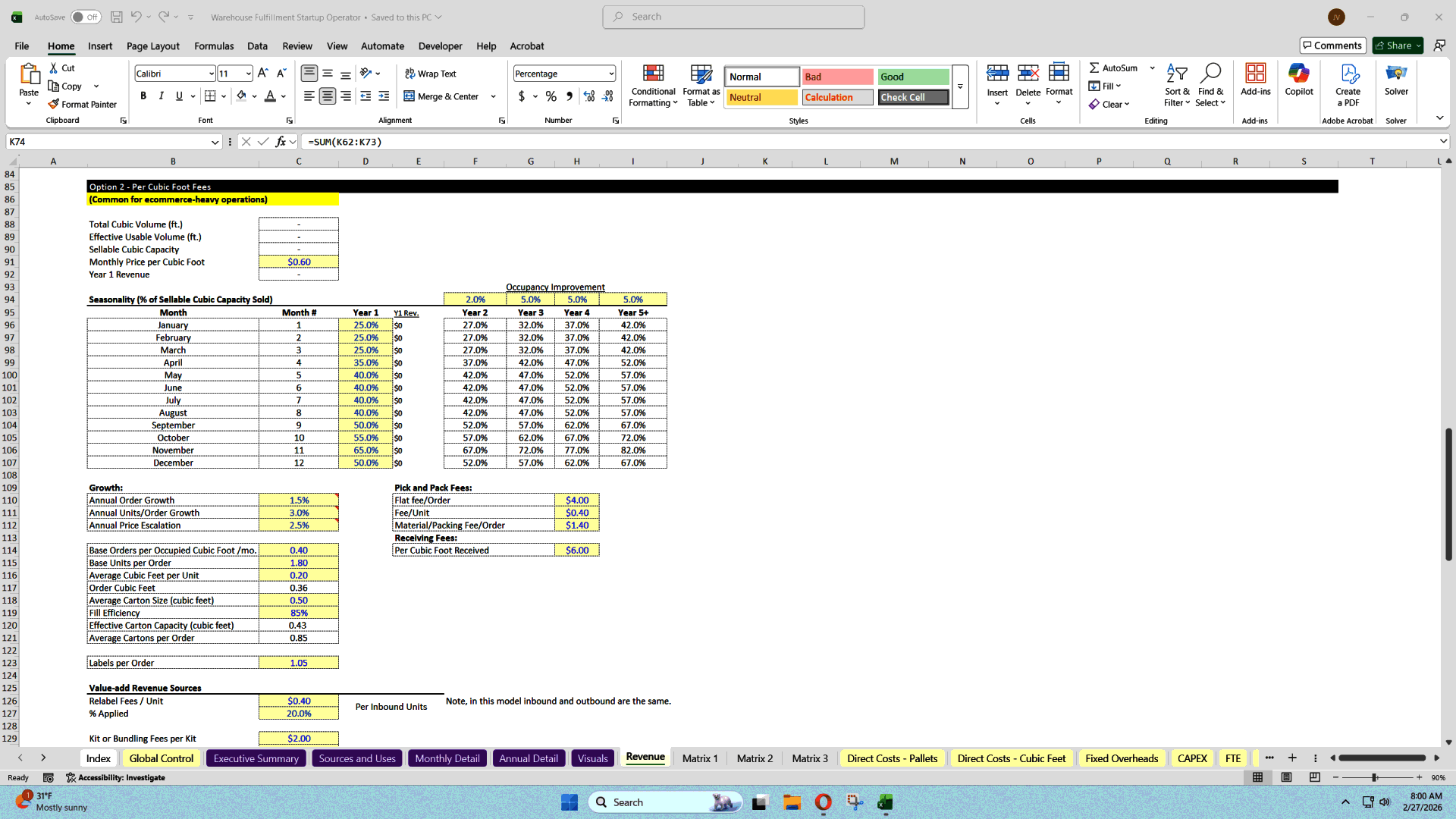Warehouse Fulfillment Center - Unit Economics Modeling (Excel template (XLSX)) Preview Image