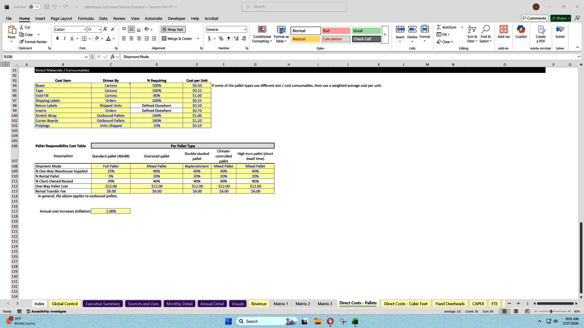 Warehouse Fulfillment Center - Unit Economics Modeling (Excel template (XLSX)) Preview Image