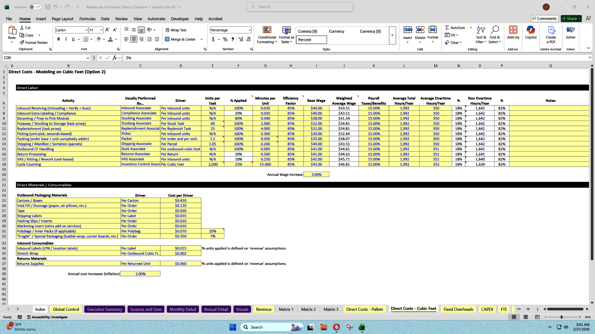 Warehouse Fulfillment Center - Unit Economics Modeling (Excel template (XLSX)) Preview Image