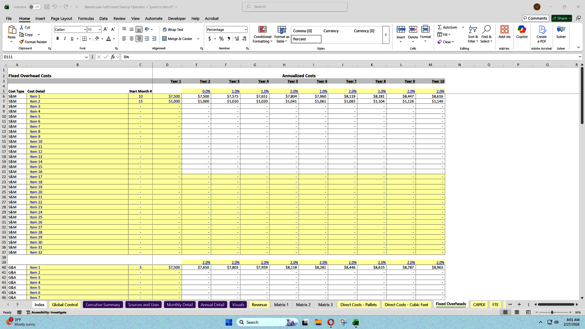 Warehouse Fulfillment Center - Unit Economics Modeling (Excel template (XLSX)) Preview Image