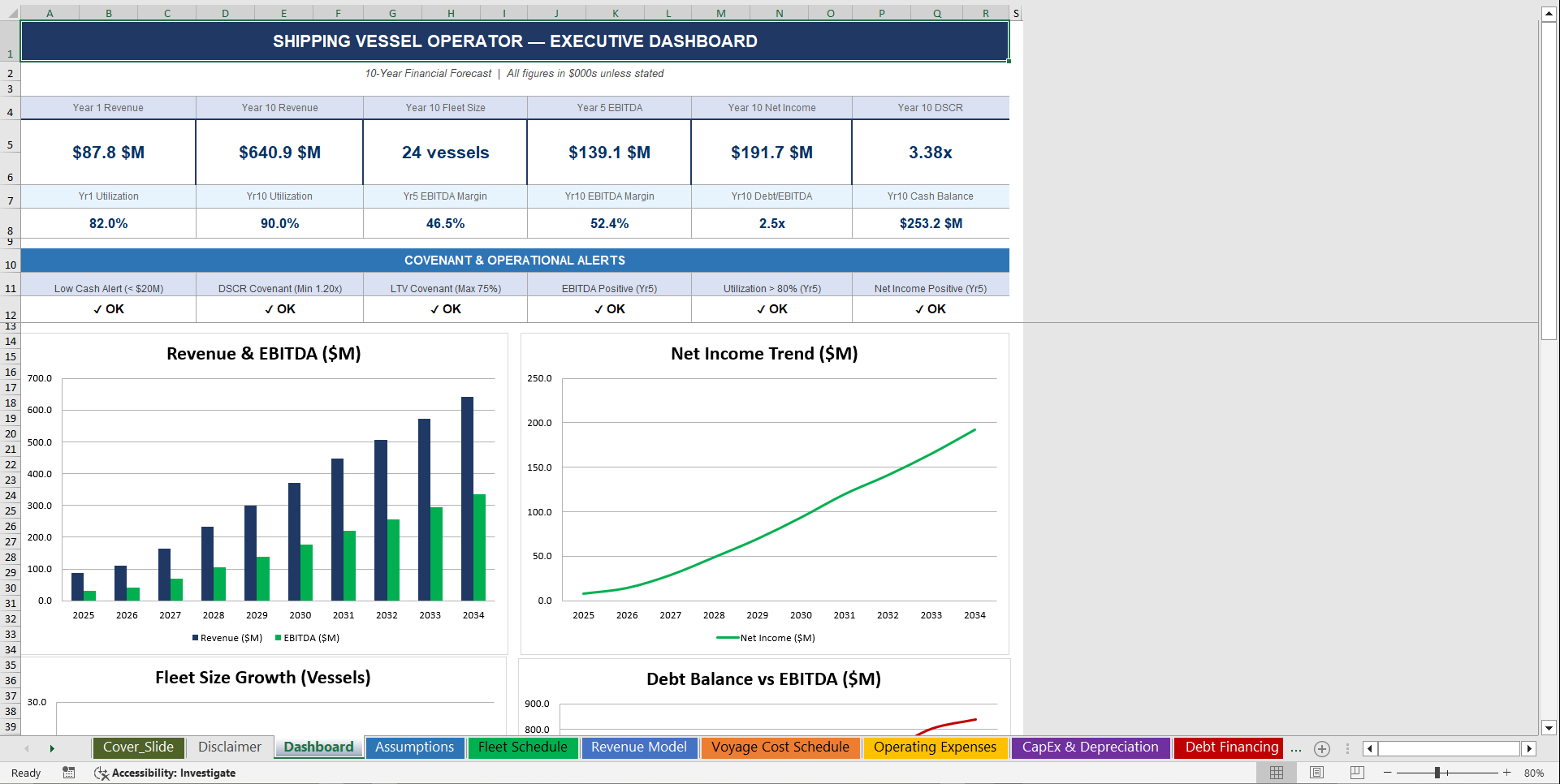 Shipping Vessel Operator 10-Year 3 Statement Financial Model (Excel template (XLSX)) Preview Image