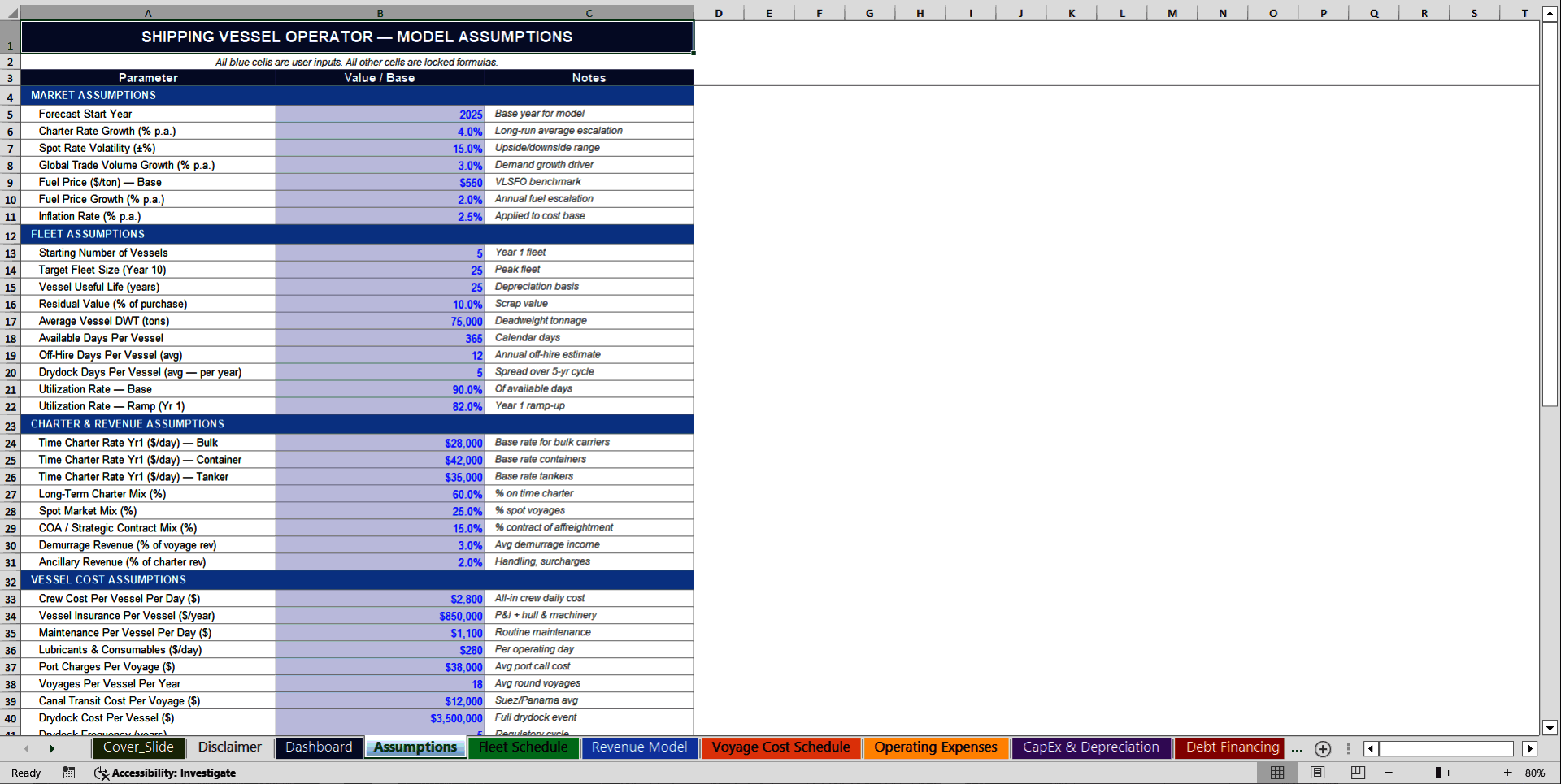 Shipping Vessel Operator 10-Year 3 Statement Financial Model (Excel template (XLSX)) Preview Image