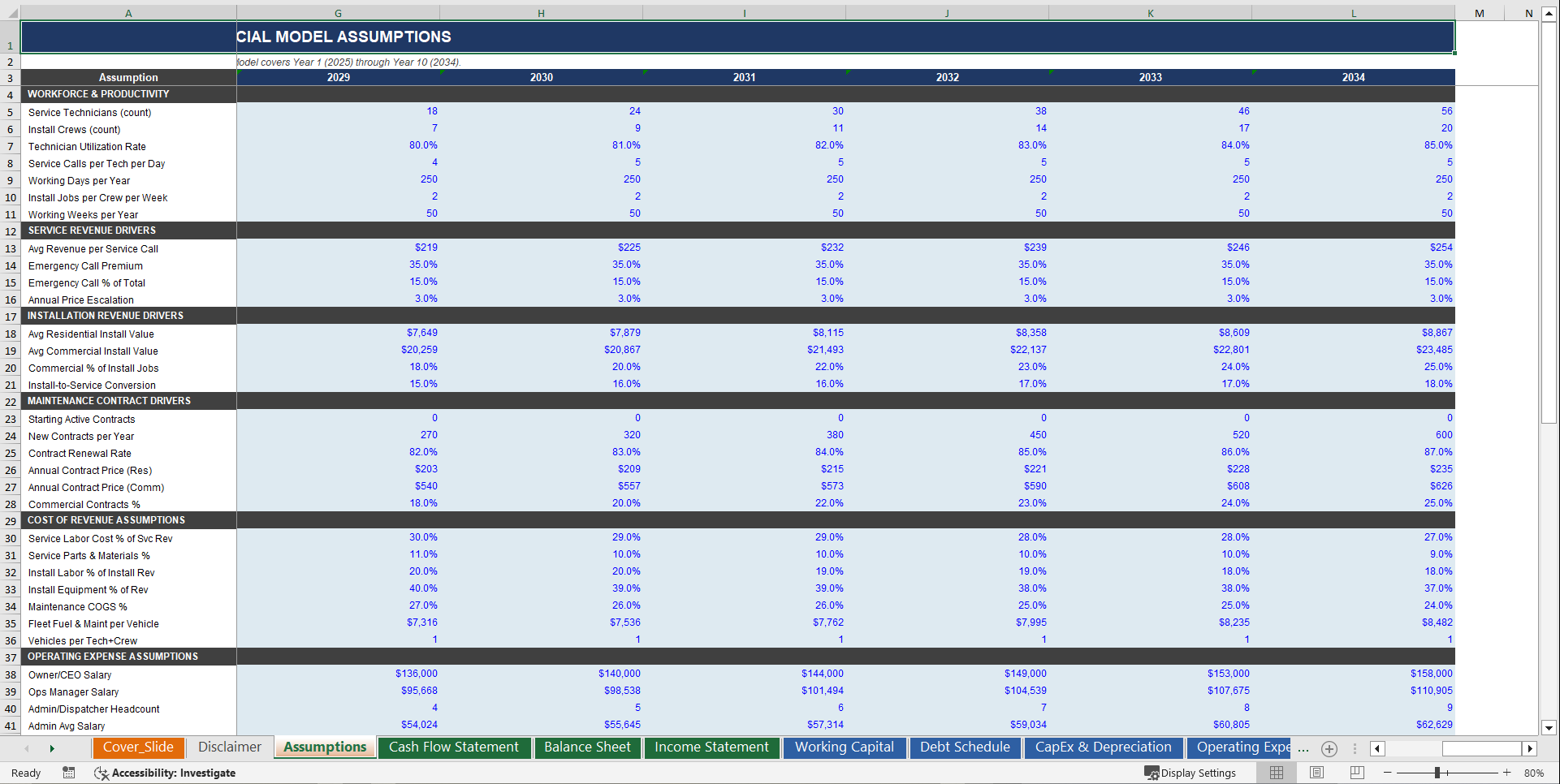 HVAC Contractor (Business) 3 Statement Financial Model (Excel template (XLSX)) Preview Image