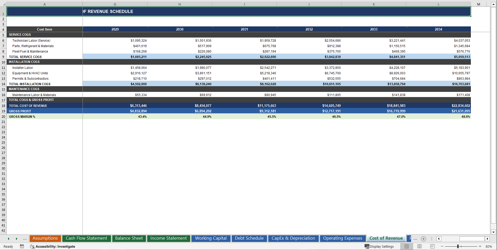 HVAC Contractor (Business) 3 Statement Financial Model (Excel template (XLSX)) Preview Image
