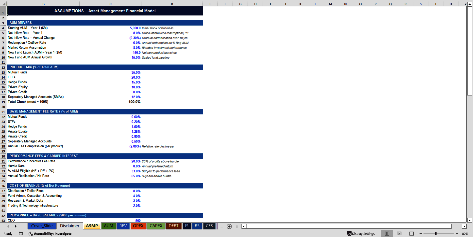 Asset Management Company 10-Year 3 Statement Financial Model (Excel template (XLSX)) Preview Image