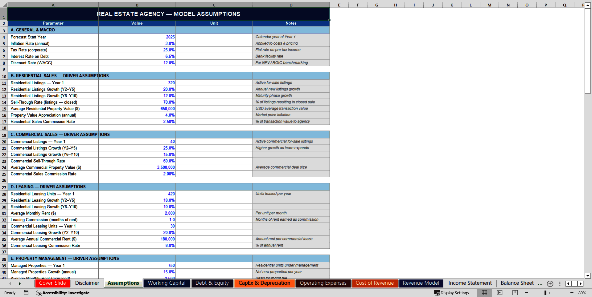 Real Estate Agency 10-Year 3 Statement Financial Model (Excel template (XLSX)) Preview Image