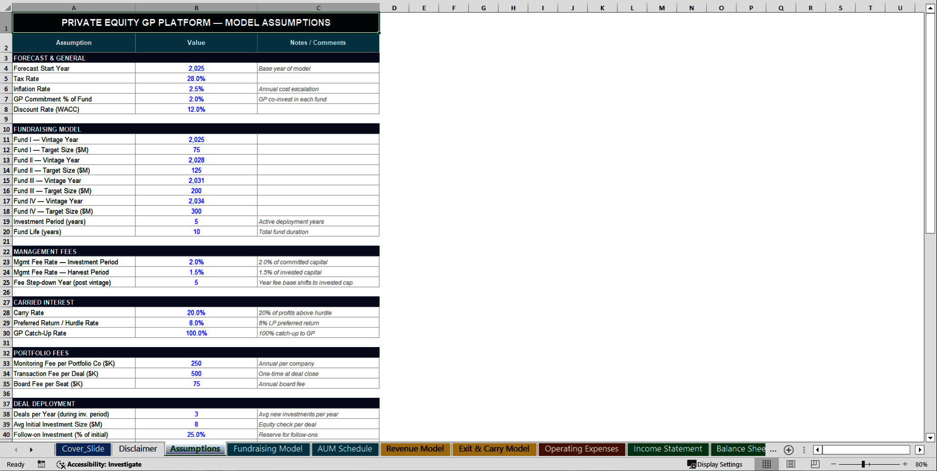 Private Equity Firm 10-Year 3 Statement Financial Model (Excel template (XLSX)) Preview Image