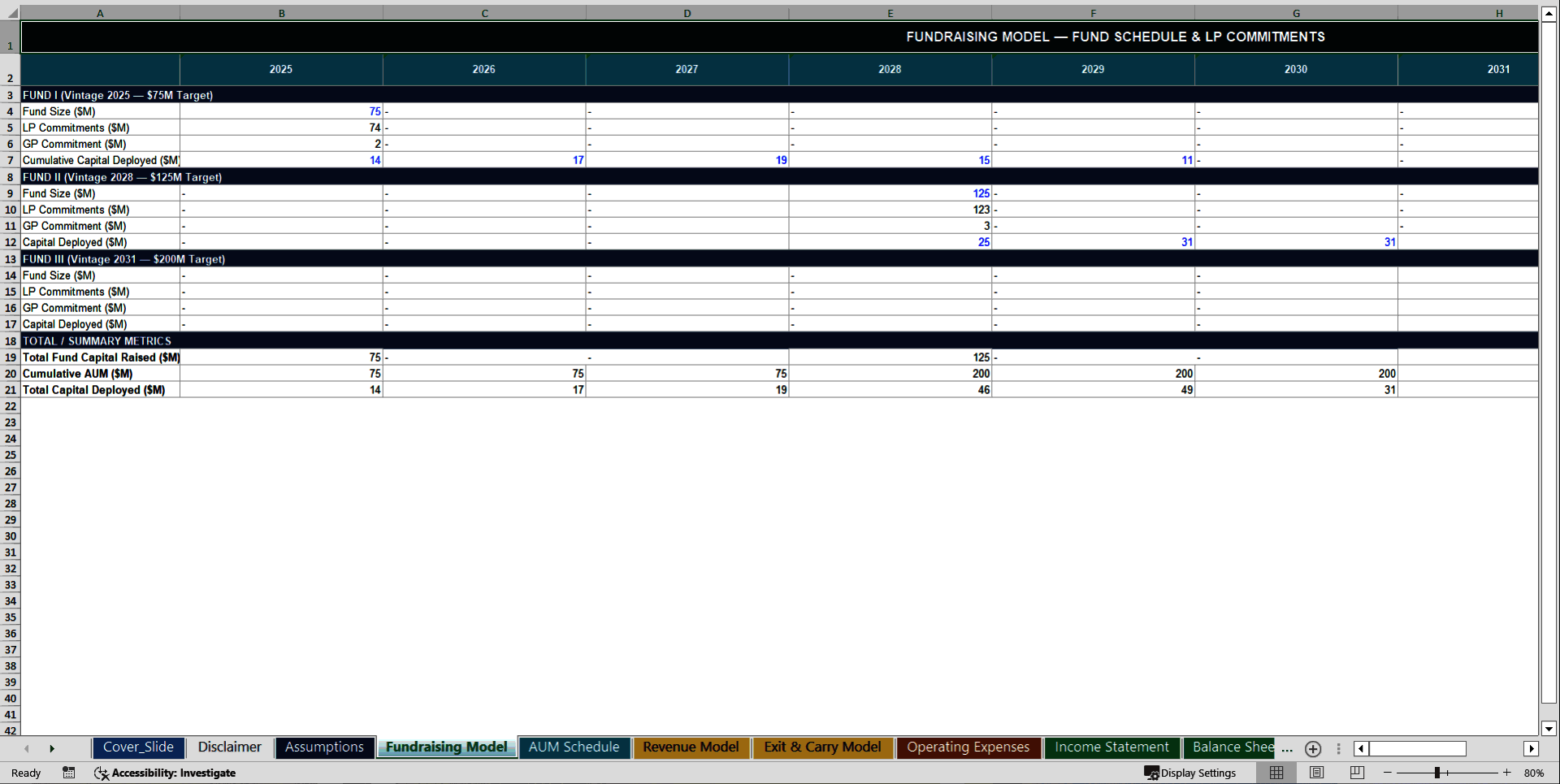 Private Equity Firm 10-Year 3 Statement Financial Model (Excel template (XLSX)) Preview Image