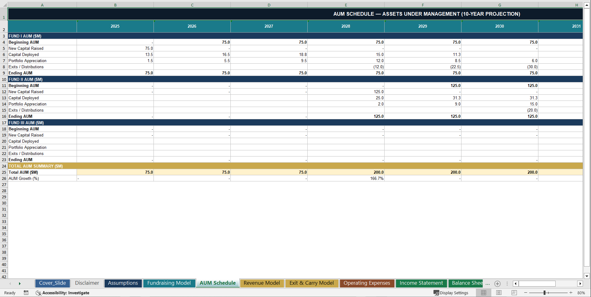 Private Equity Firm 10-Year 3 Statement Financial Model (Excel template (XLSX)) Preview Image