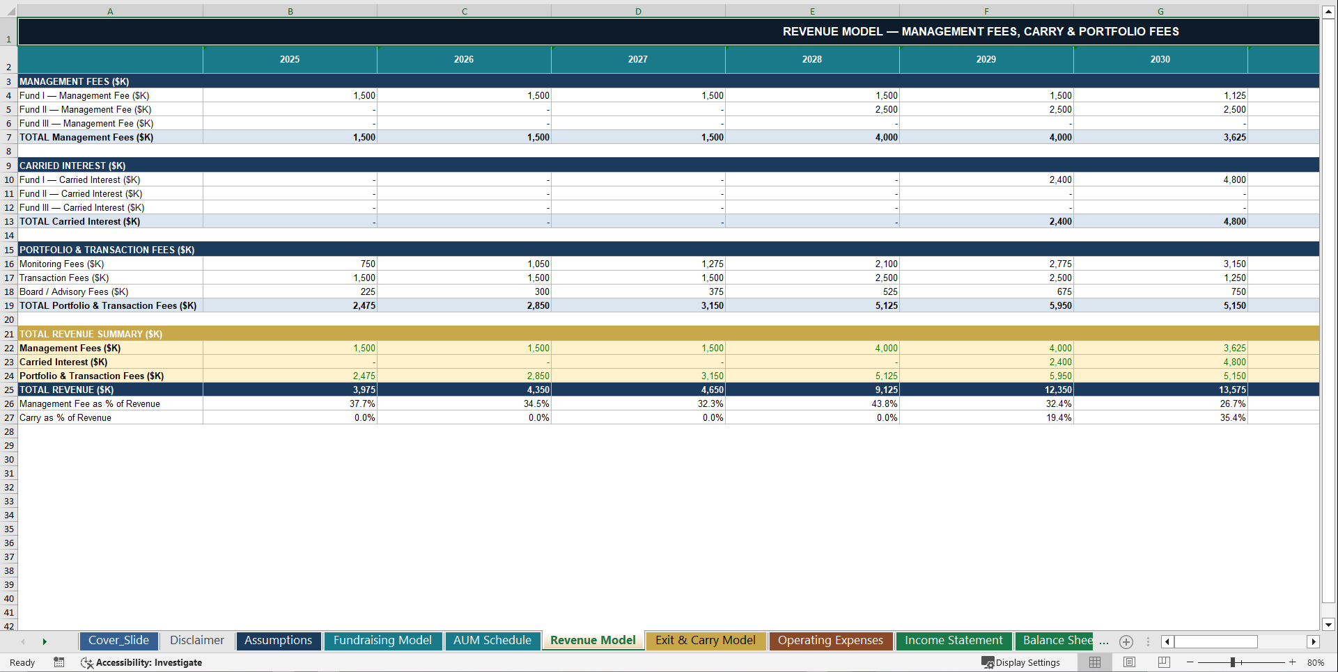 Private Equity Firm 10-Year 3 Statement Financial Model (Excel template (XLSX)) Preview Image