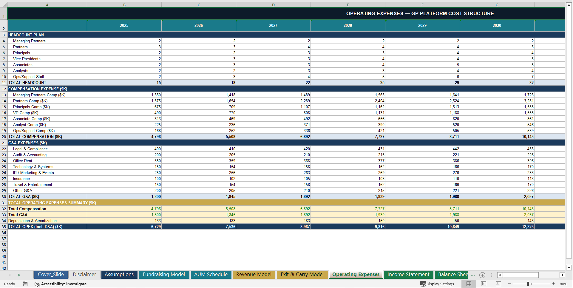 Private Equity Firm 10-Year 3 Statement Financial Model (Excel template (XLSX)) Preview Image