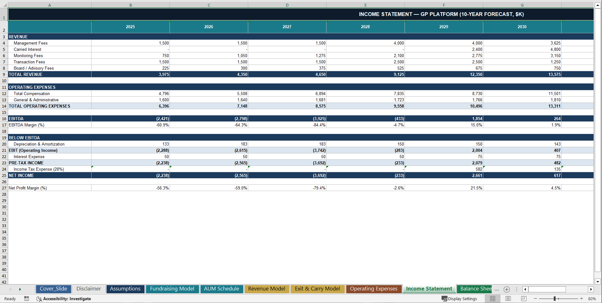 Private Equity Firm 10-Year 3 Statement Financial Model (Excel template (XLSX)) Preview Image