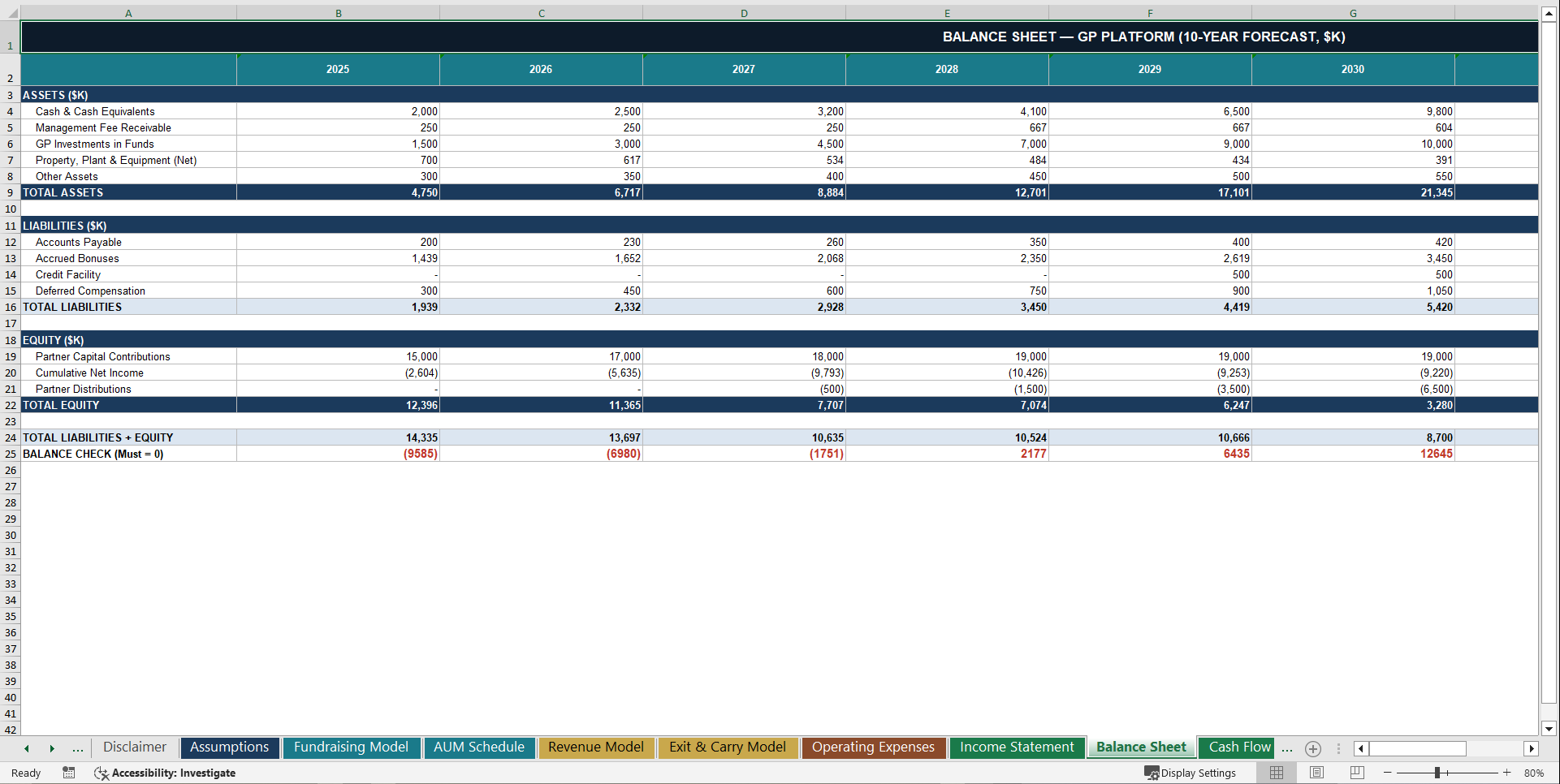 Private Equity Firm 10-Year 3 Statement Financial Model (Excel template (XLSX)) Preview Image