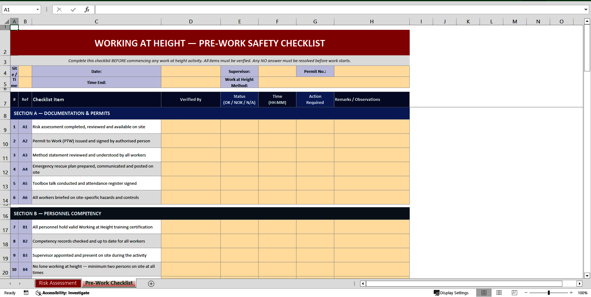 Working at Height Risk Assessment and Safety Checklist (Excel template (XLSX)) Preview Image