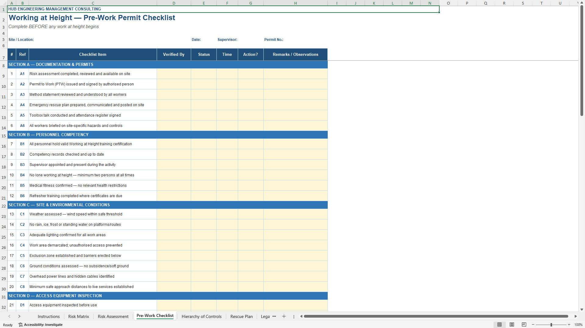 Working at Height Risk Assessment and Safety Checklist (Excel template (XLSX)) Preview Image