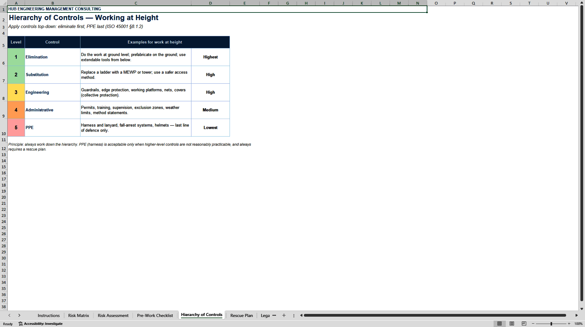 Working at Height Risk Assessment and Safety Checklist (Excel template (XLSX)) Preview Image