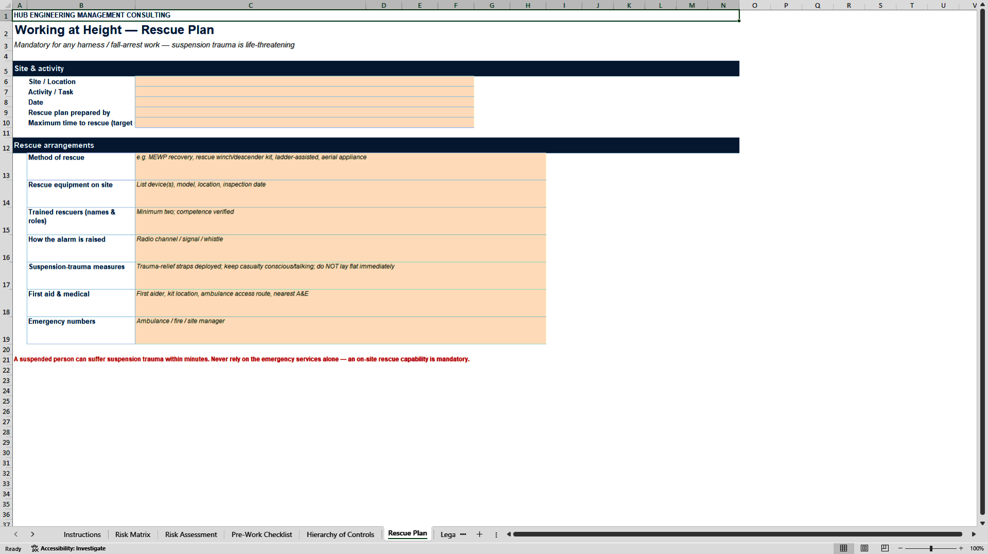 Working at Height Risk Assessment and Safety Checklist (Excel template (XLSX)) Preview Image