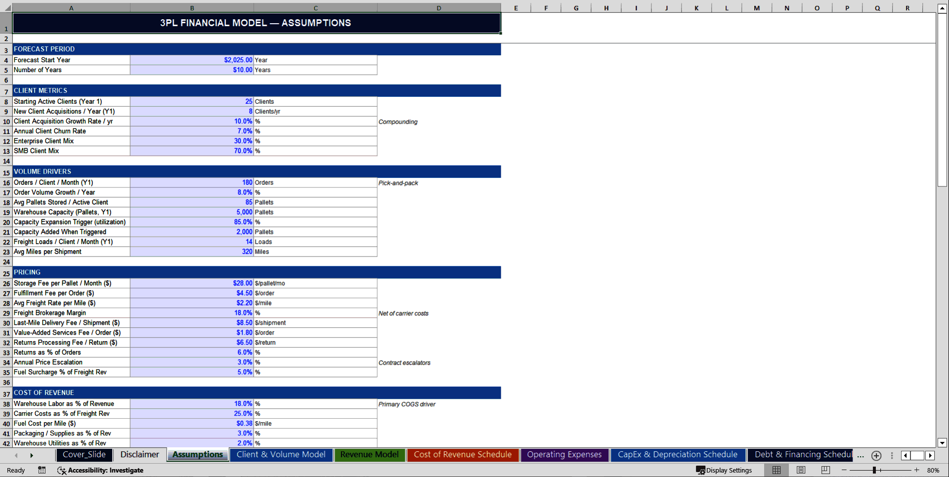 Third-Party Logistics (3PL) Company – 10 Year Financial Model (Excel template (XLSX)) Preview Image