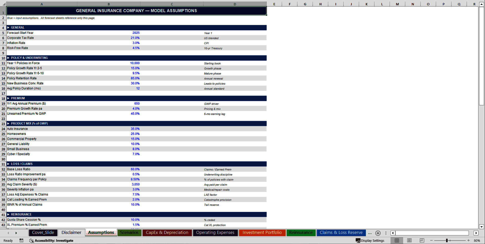General Insurance Company 10-Year Financial Model (Excel template (XLSX)) Preview Image