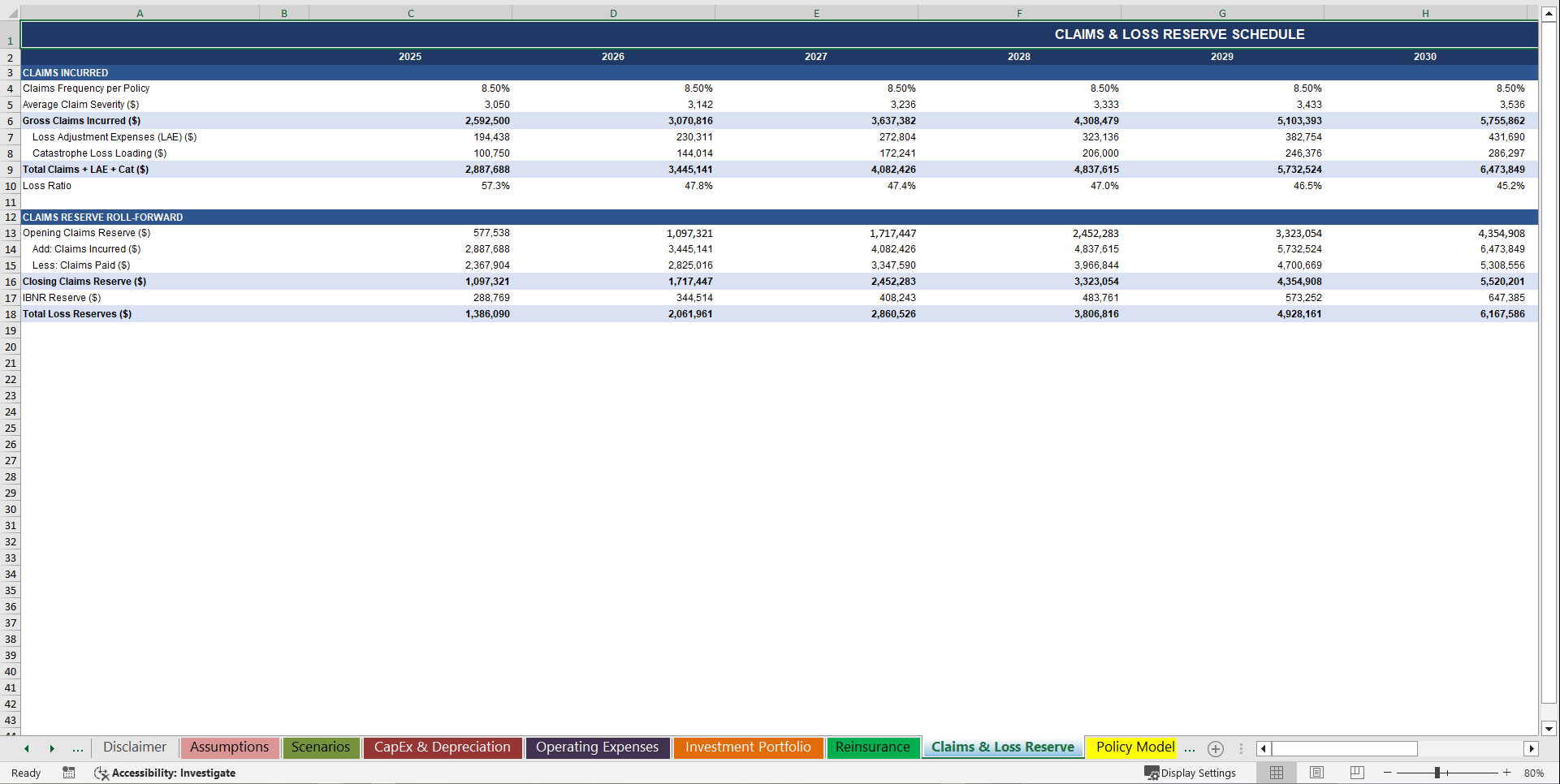 General Insurance Company 10-Year Financial Model (Excel template (XLSX)) Preview Image