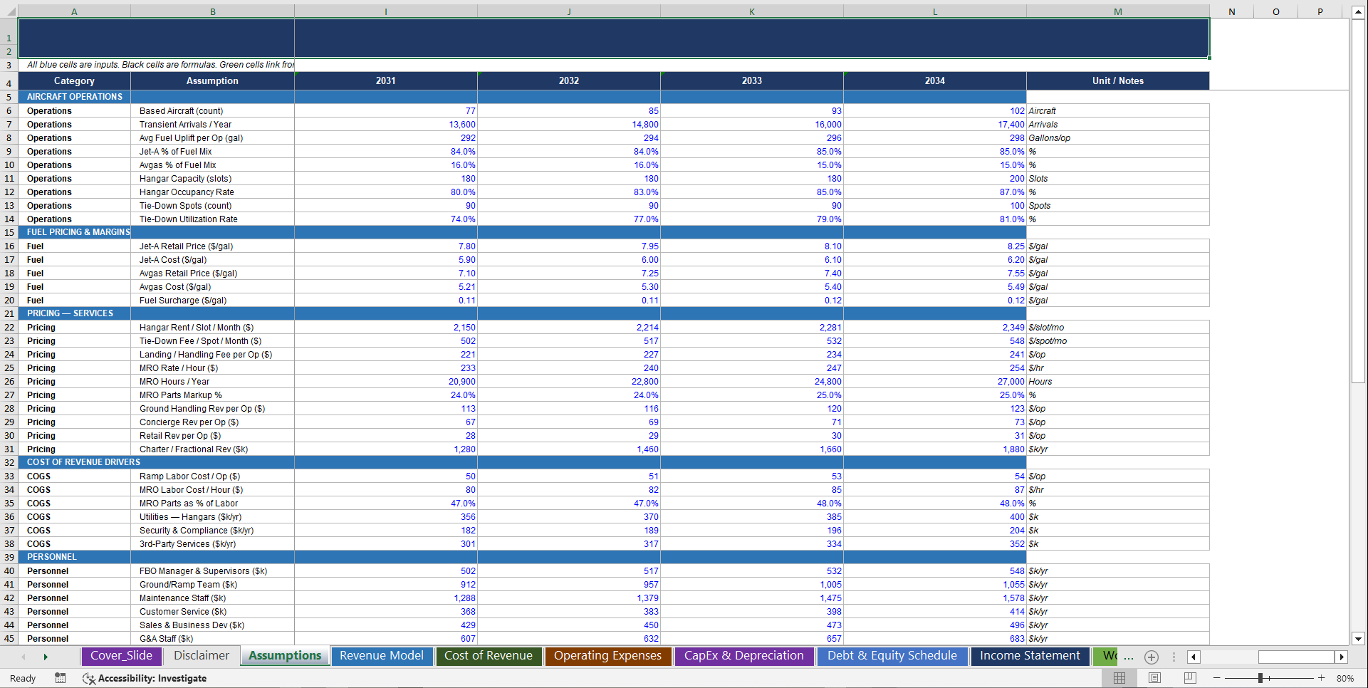 Fixed-Base Operator (FBO) – 10 Year Financial Model (Excel template (XLSX)) Preview Image