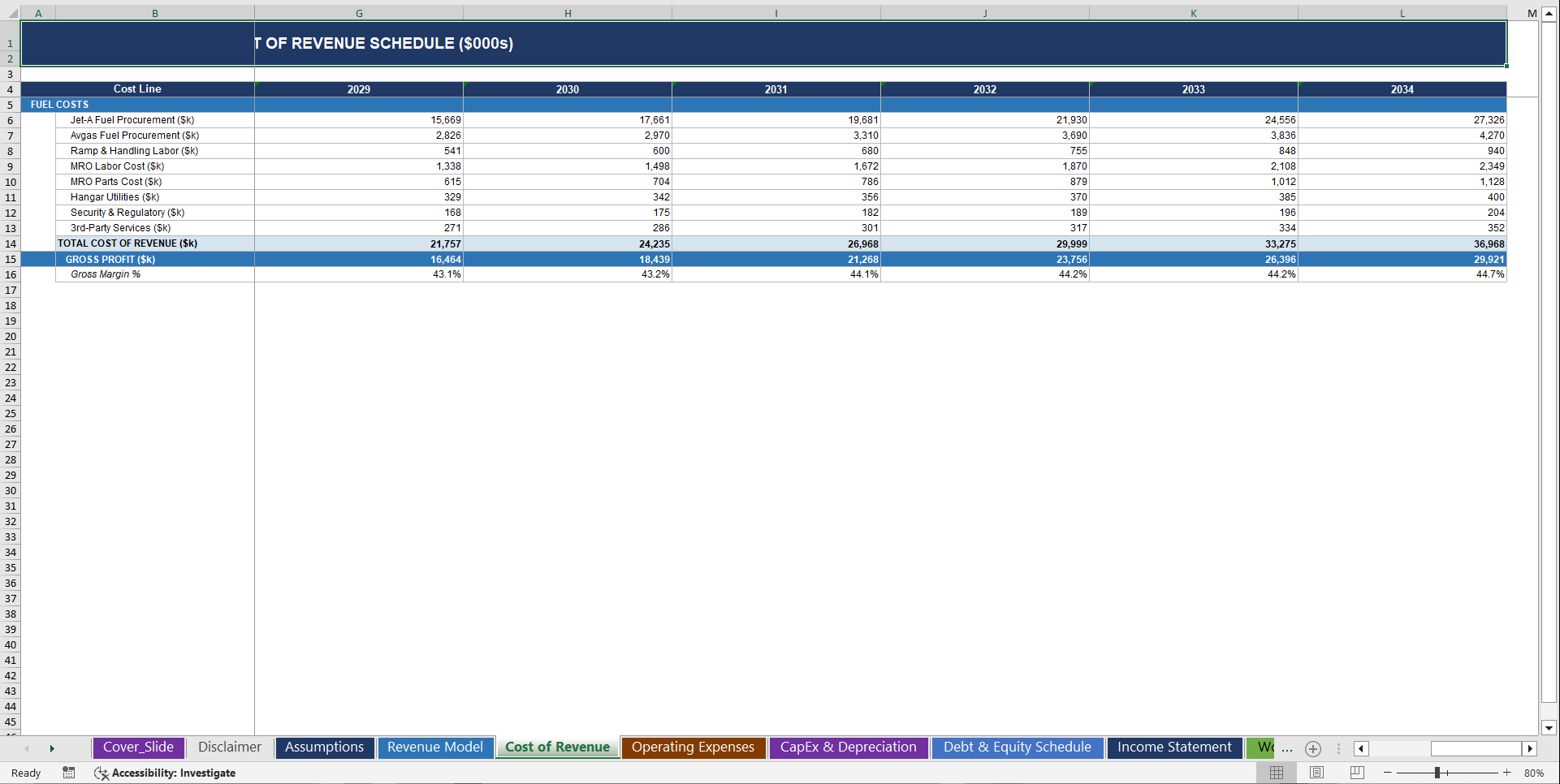 Fixed-Base Operator (FBO) – 10 Year Financial Model (Excel template (XLSX)) Preview Image