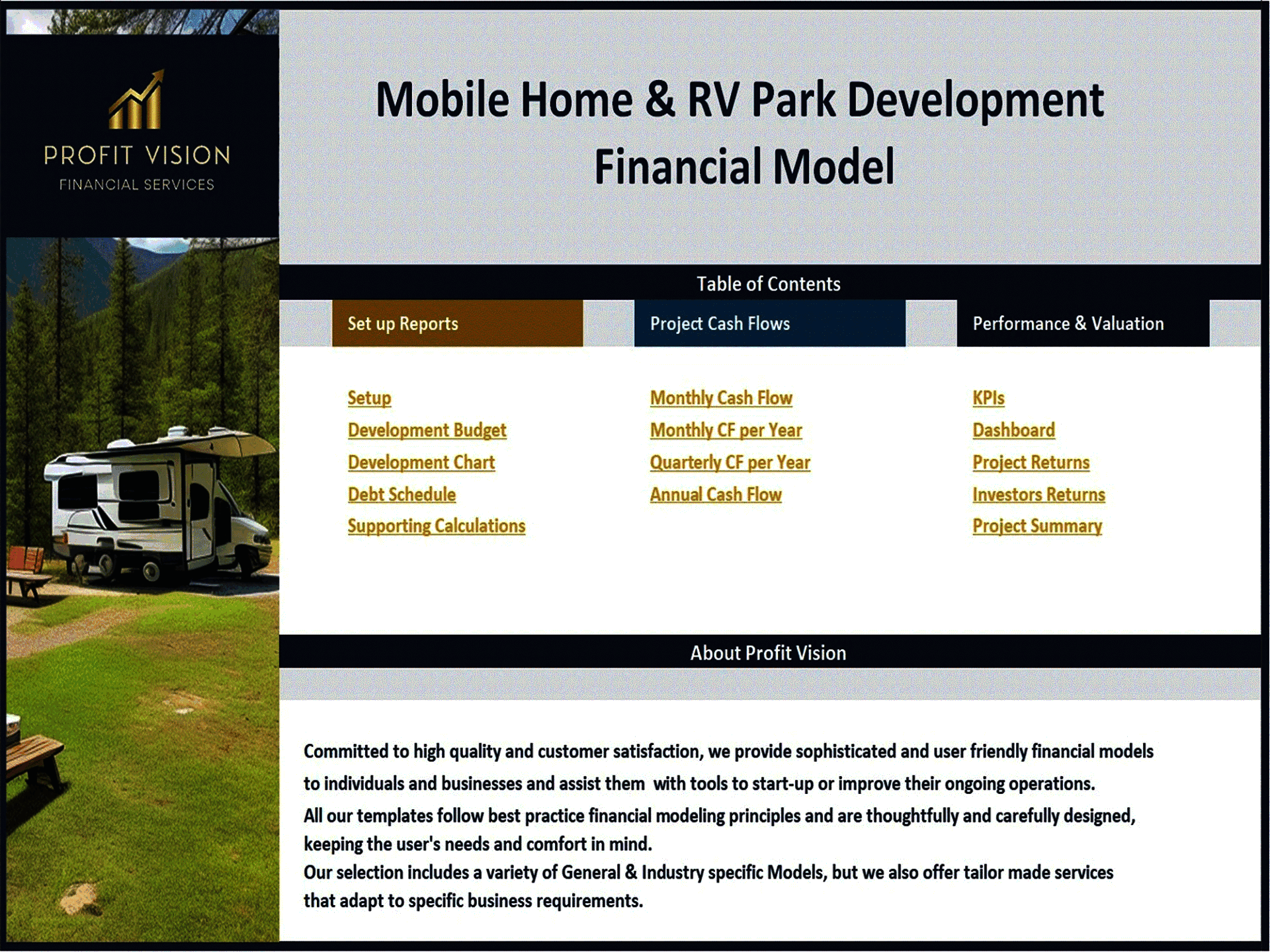 Mobile Home & RV Park Development – 10 Year Financial Model (Excel template (XLSX)) Preview Image