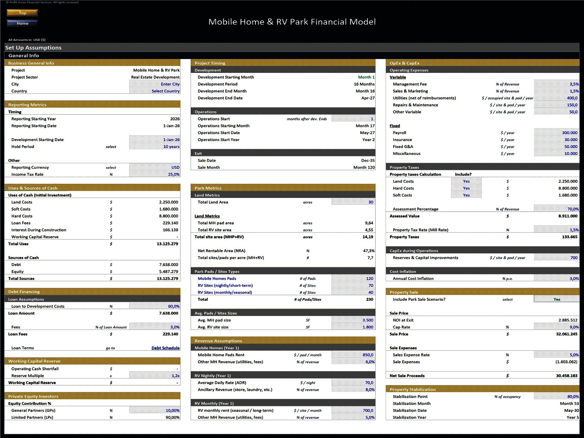 Mobile Home & RV Park Development – 10 Year Financial Model (Excel template (XLSX)) Preview Image