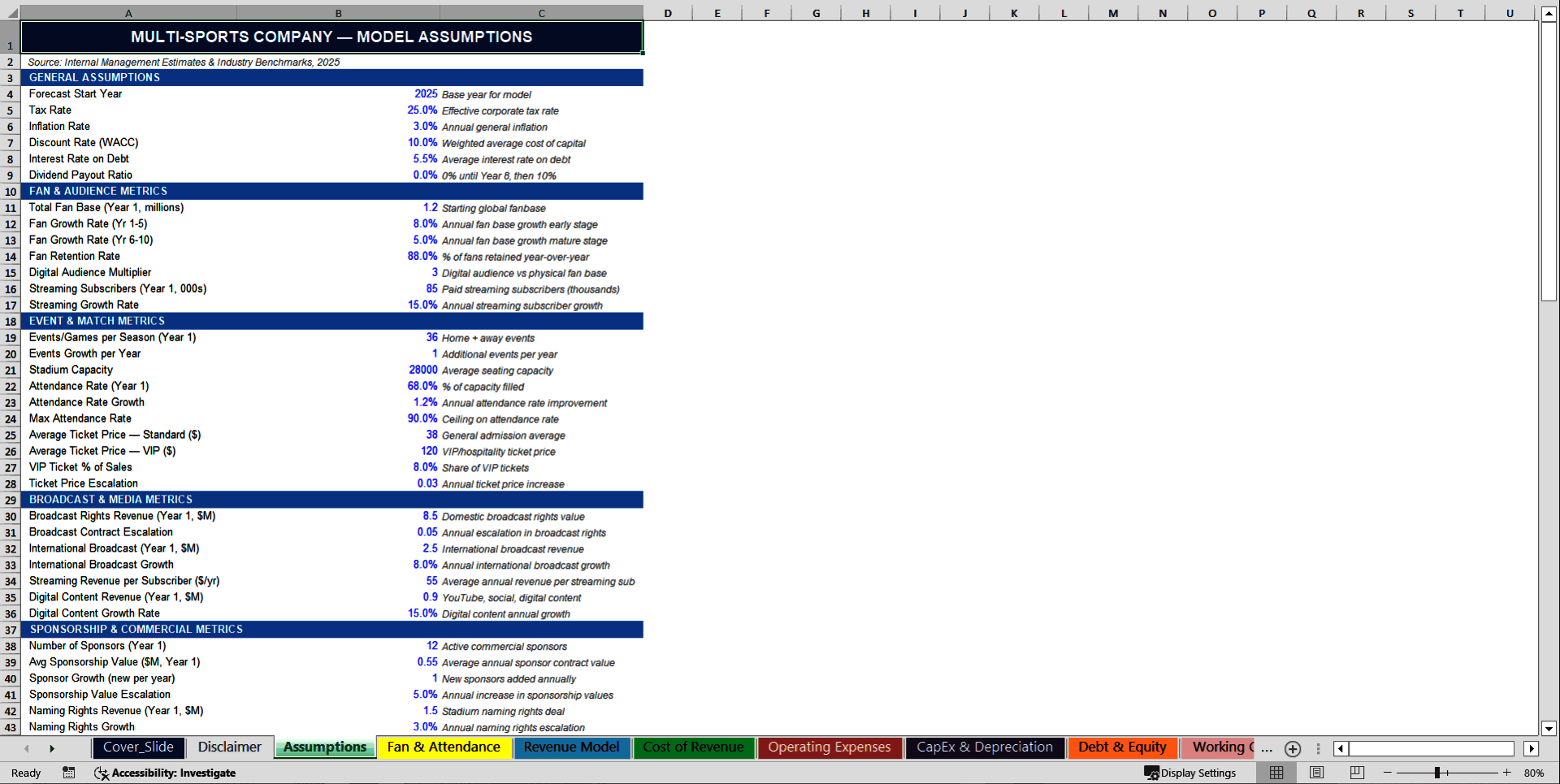 Multi Sports Company (Complex) 10-Year Financial Model (Excel template (XLSX)) Preview Image