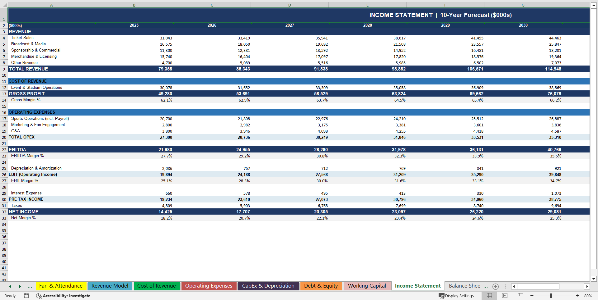 Multi Sports Company (Complex) 10-Year Financial Model (Excel template (XLSX)) Preview Image