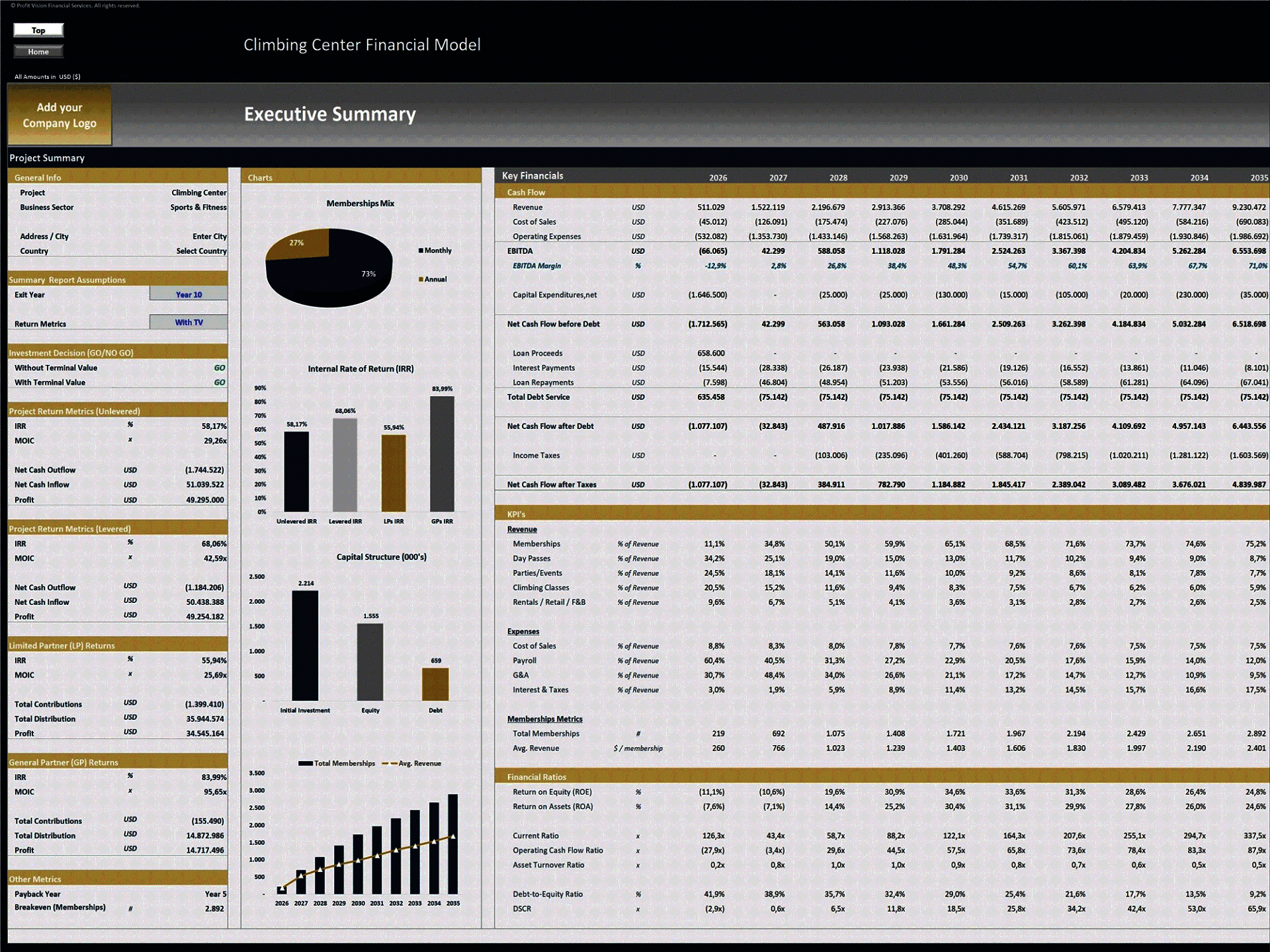 Climbing Center Financial Model – 10 Year Forecast (Excel template (XLSX)) Preview Image