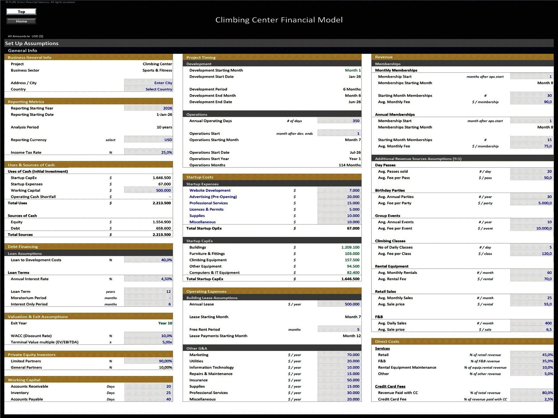 Climbing Center Financial Model – 10 Year Forecast (Excel template (XLSX)) Preview Image