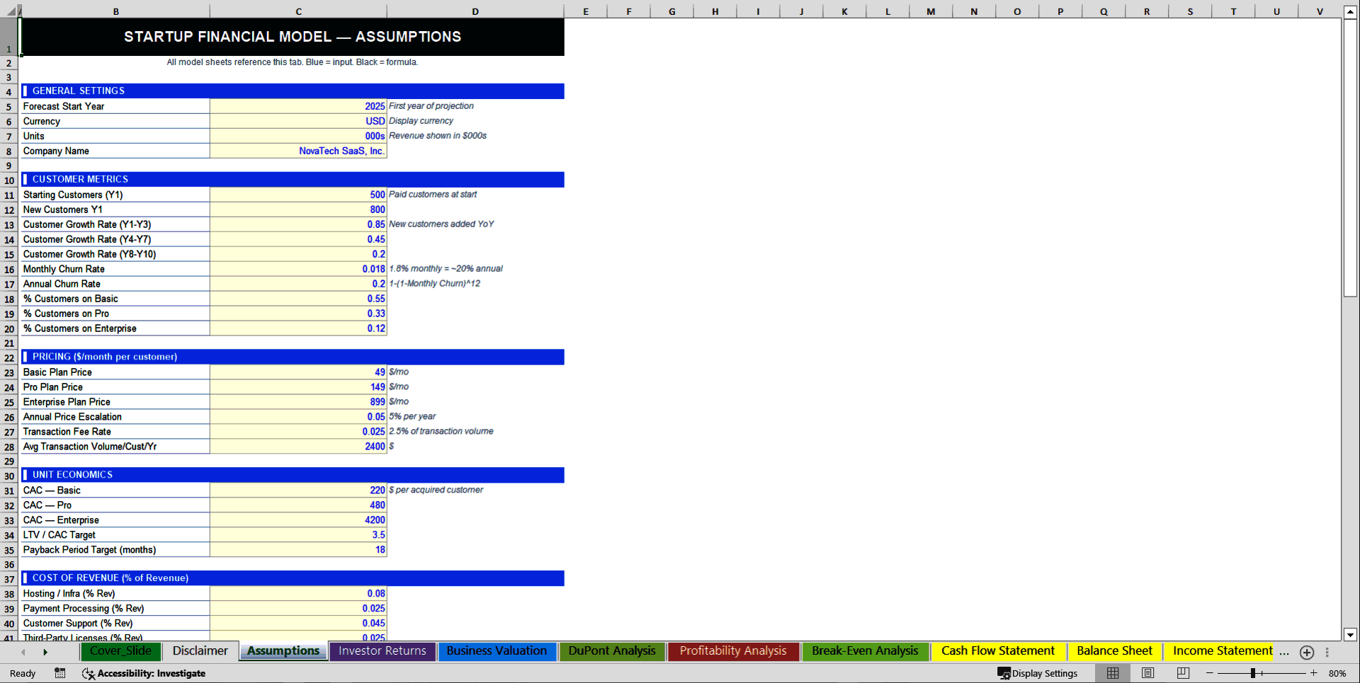 Generic Startup 10-Year Advanced Financial Model (Excel template (XLSX)) Preview Image