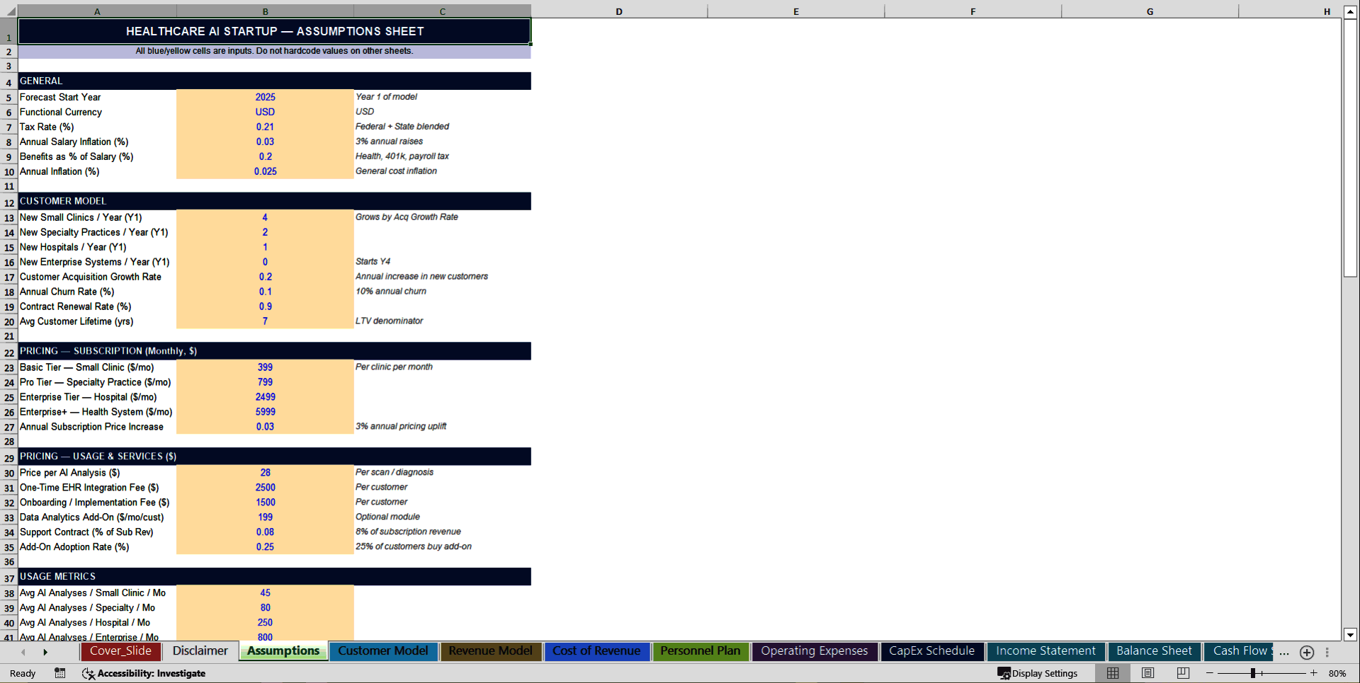 Healthcare AI Startup 10-Year 3 Statement Financial Model (Excel template (XLSX)) Preview Image