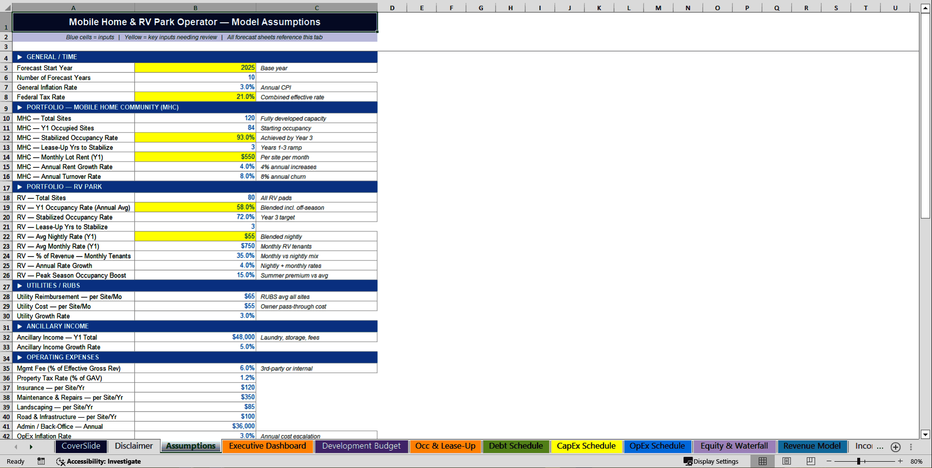 Mobile Home & RV Park Operator & Development Financial Model (Excel template (XLSX)) Preview Image