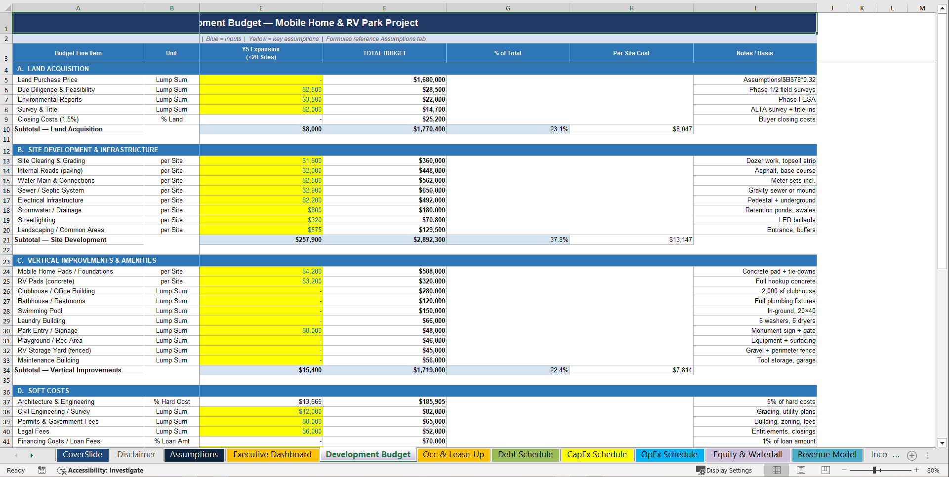 Mobile Home & RV Park Operator & Development Financial Model (Excel template (XLSX)) Preview Image