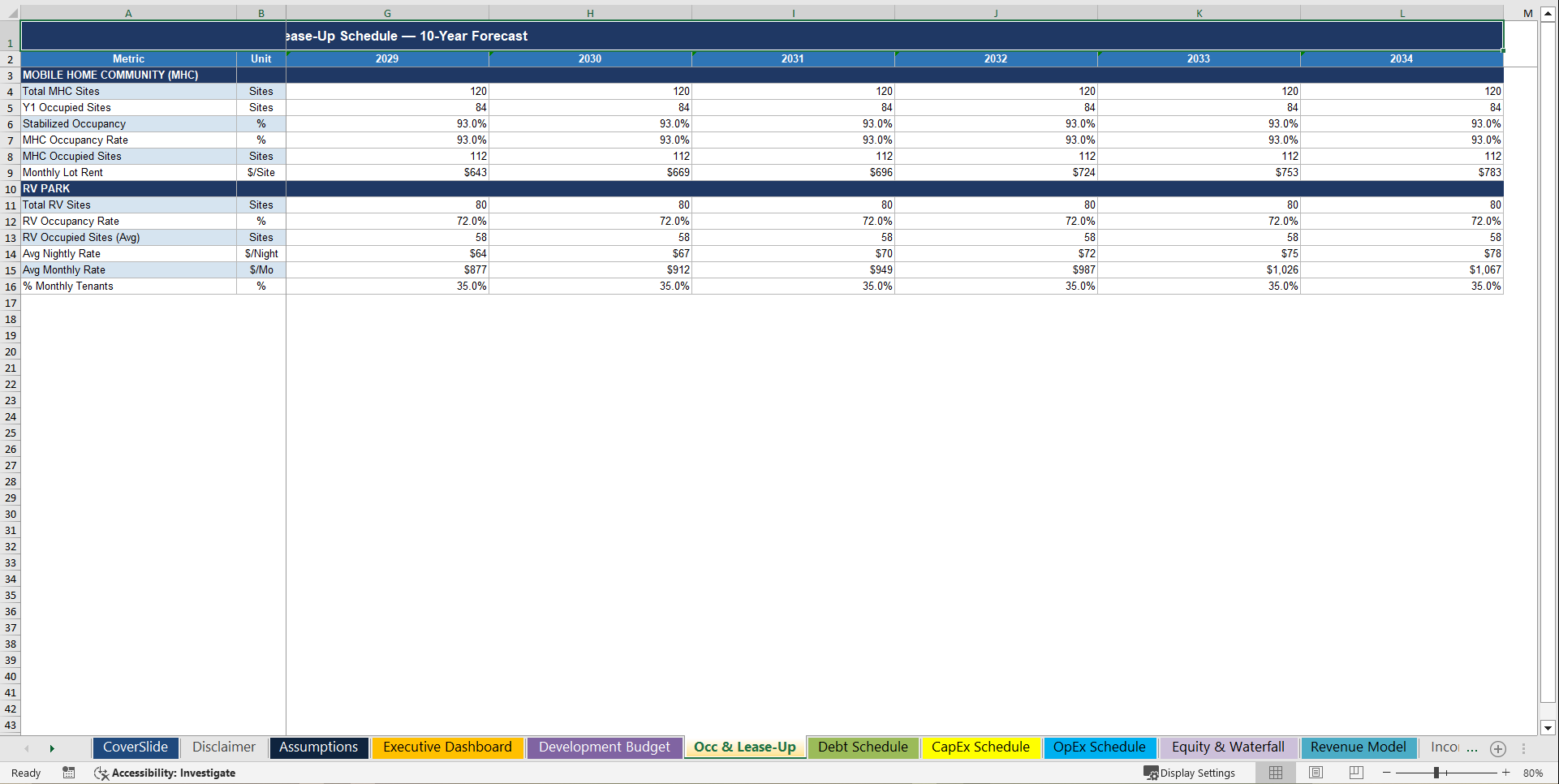 Mobile Home & RV Park Operator & Development Financial Model (Excel template (XLSX)) Preview Image