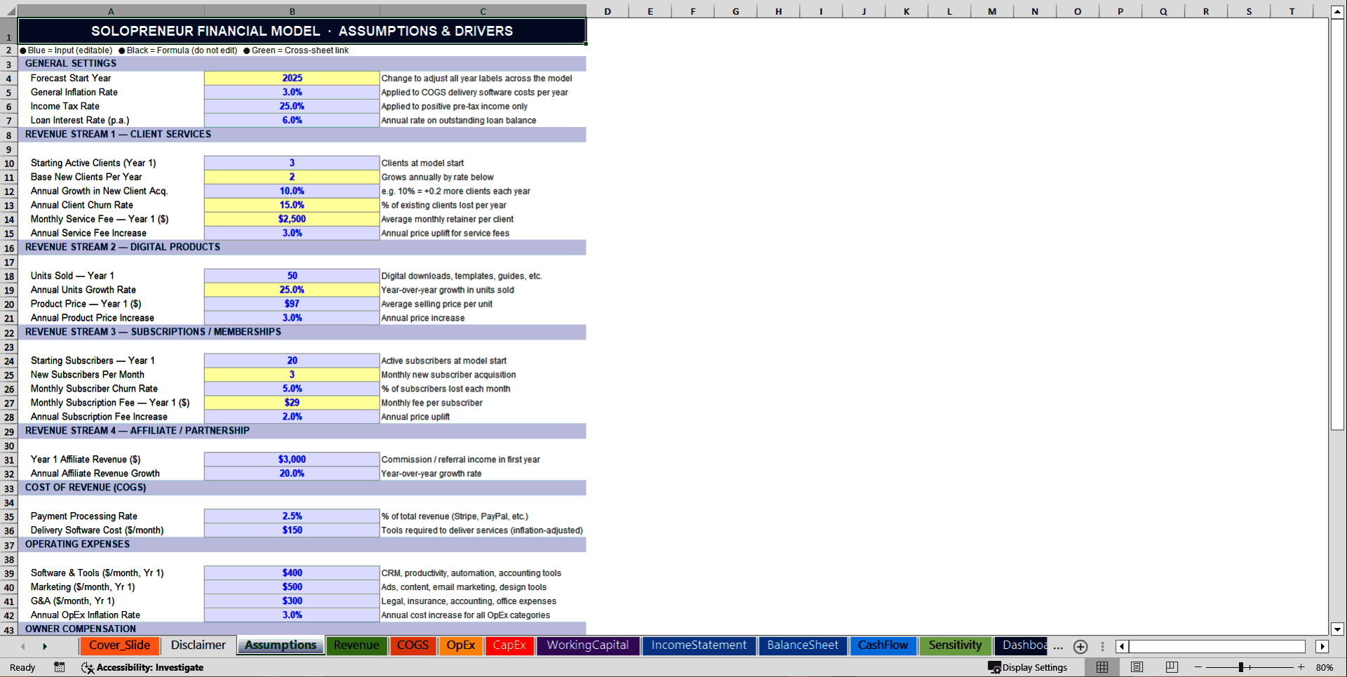 Solopreneur (One-Person Business) 10-Year Financial Model (Excel template (XLSX)) Preview Image