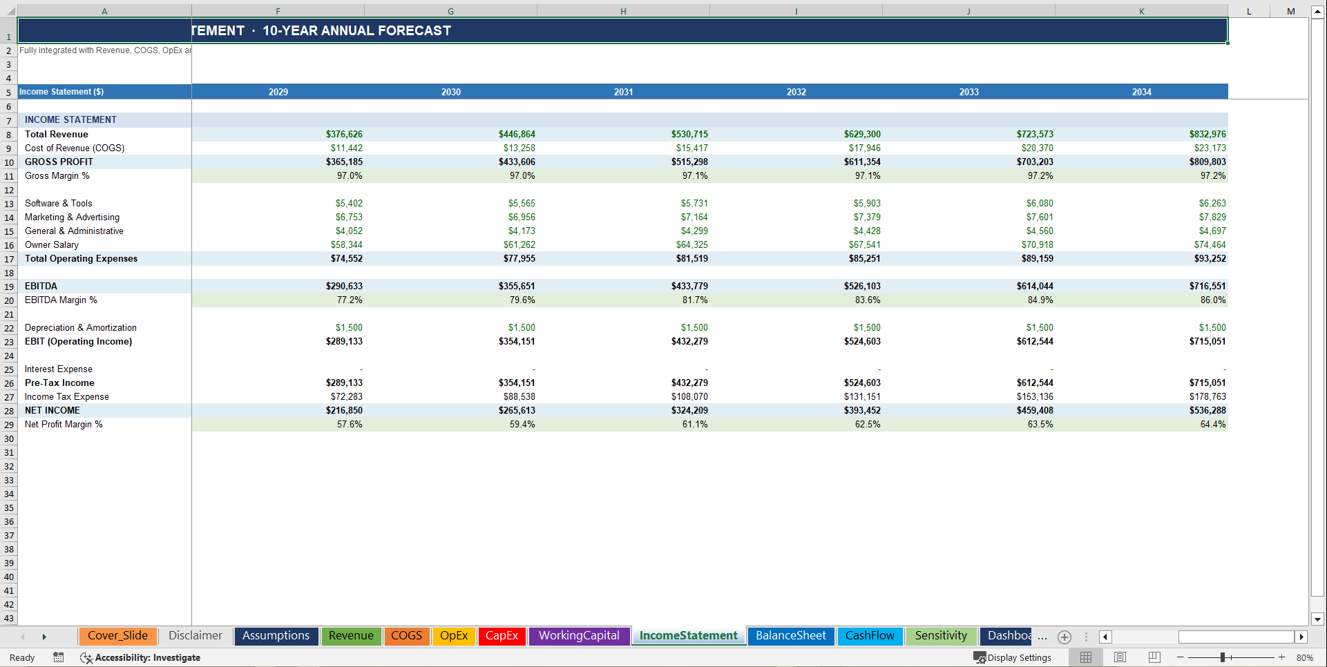 Solopreneur (One-Person Business) 10-Year Financial Model (Excel template (XLSX)) Preview Image