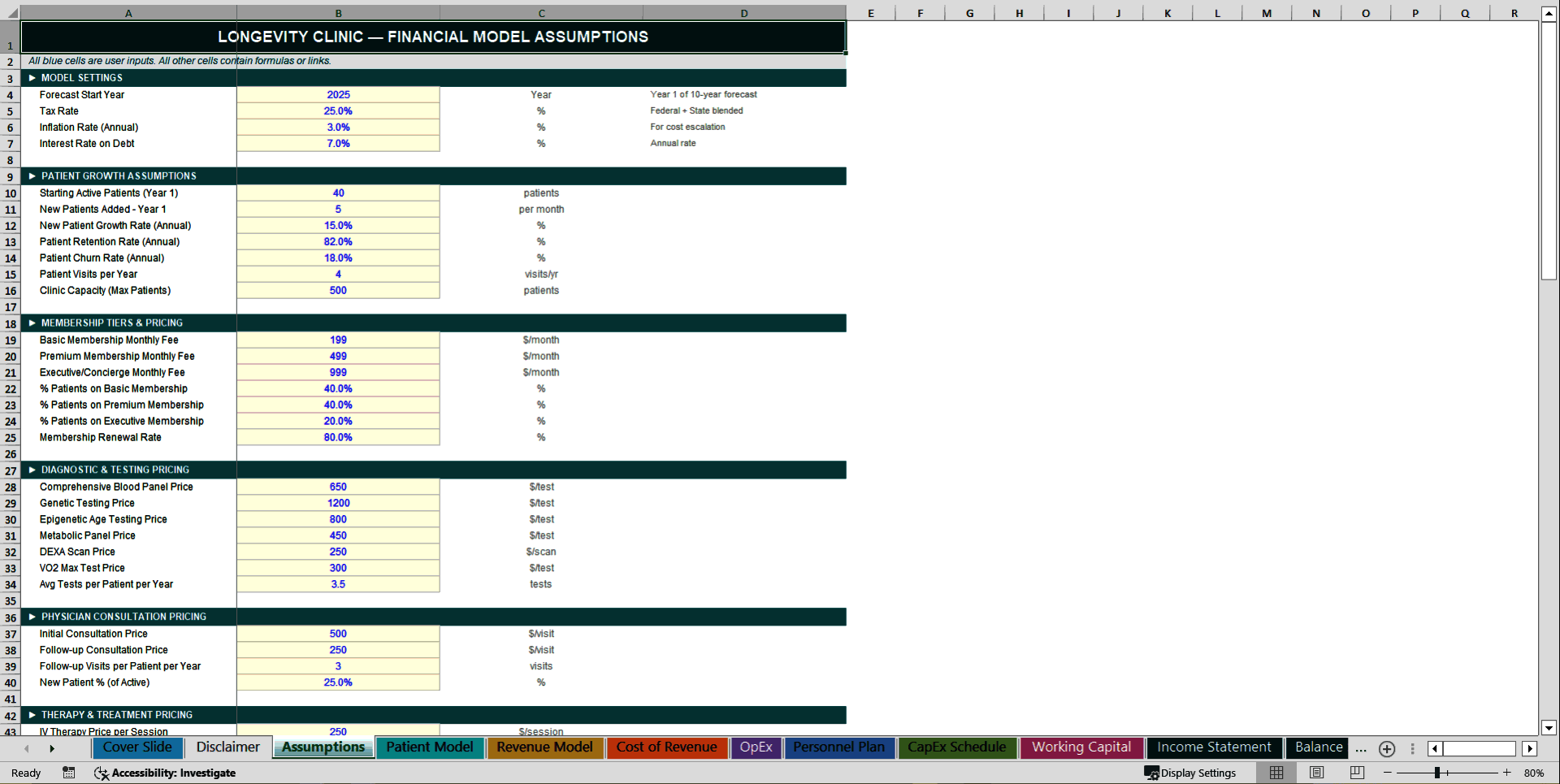 Longevity Clinic 10-Year 3 Statement Financial Model (Excel template (XLSX)) Preview Image