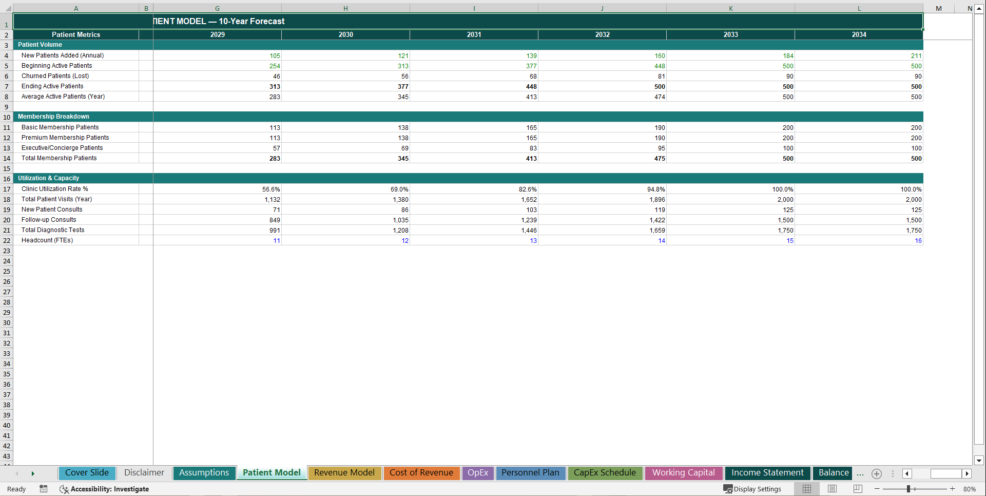 Longevity Clinic 10-Year 3 Statement Financial Model (Excel template (XLSX)) Preview Image