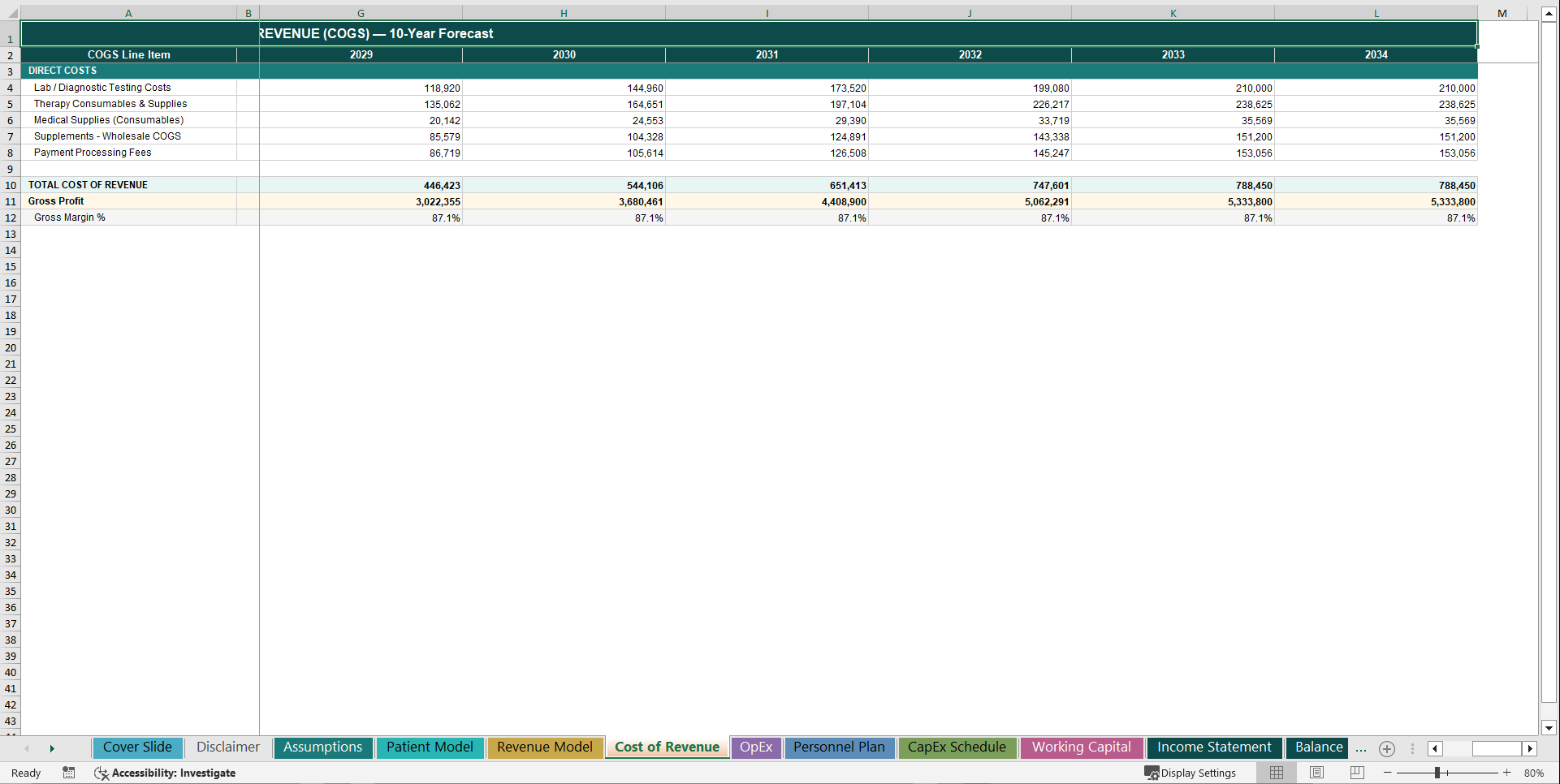 Longevity Clinic 10-Year 3 Statement Financial Model (Excel template (XLSX)) Preview Image