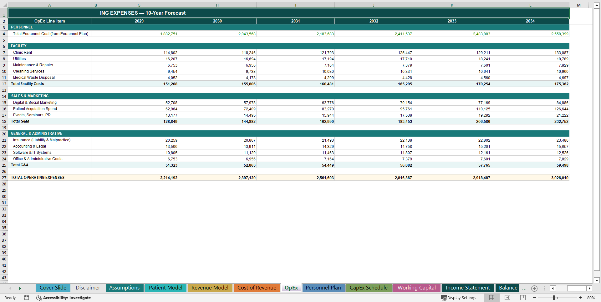 Longevity Clinic 10-Year 3 Statement Financial Model (Excel template (XLSX)) Preview Image