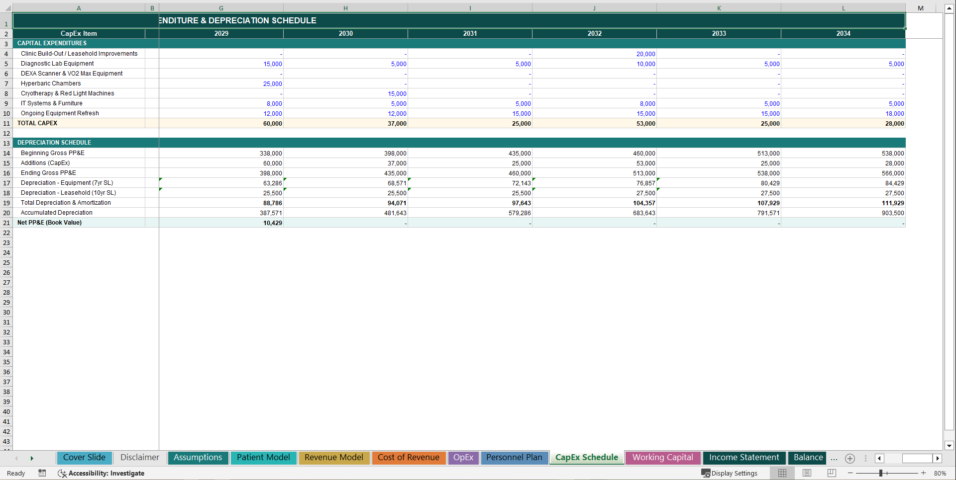 Longevity Clinic 10-Year 3 Statement Financial Model (Excel template (XLSX)) Preview Image