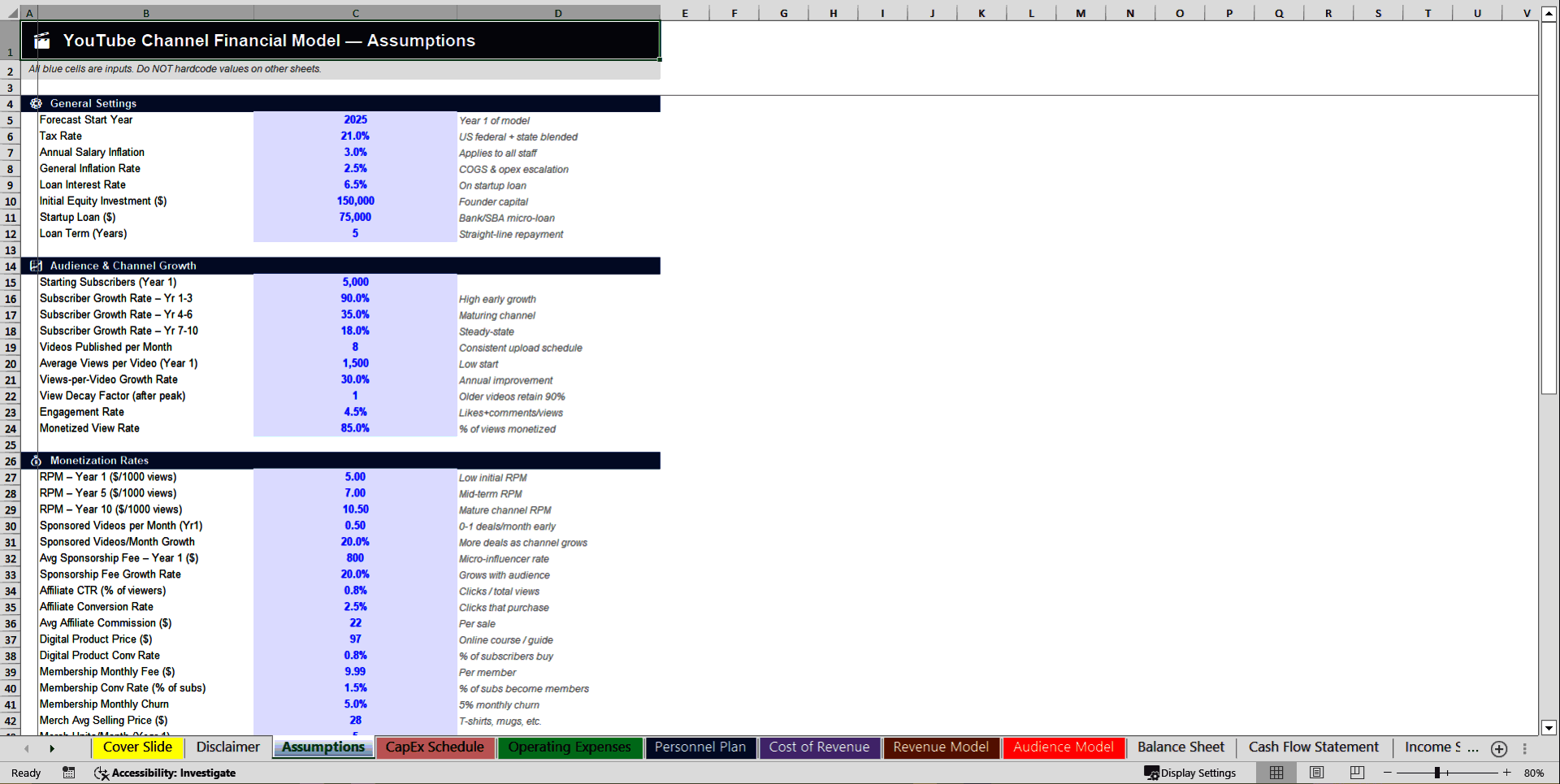 YouTube Channel 10-Year 3 Statement Financial Model (Excel template (XLSX)) Preview Image